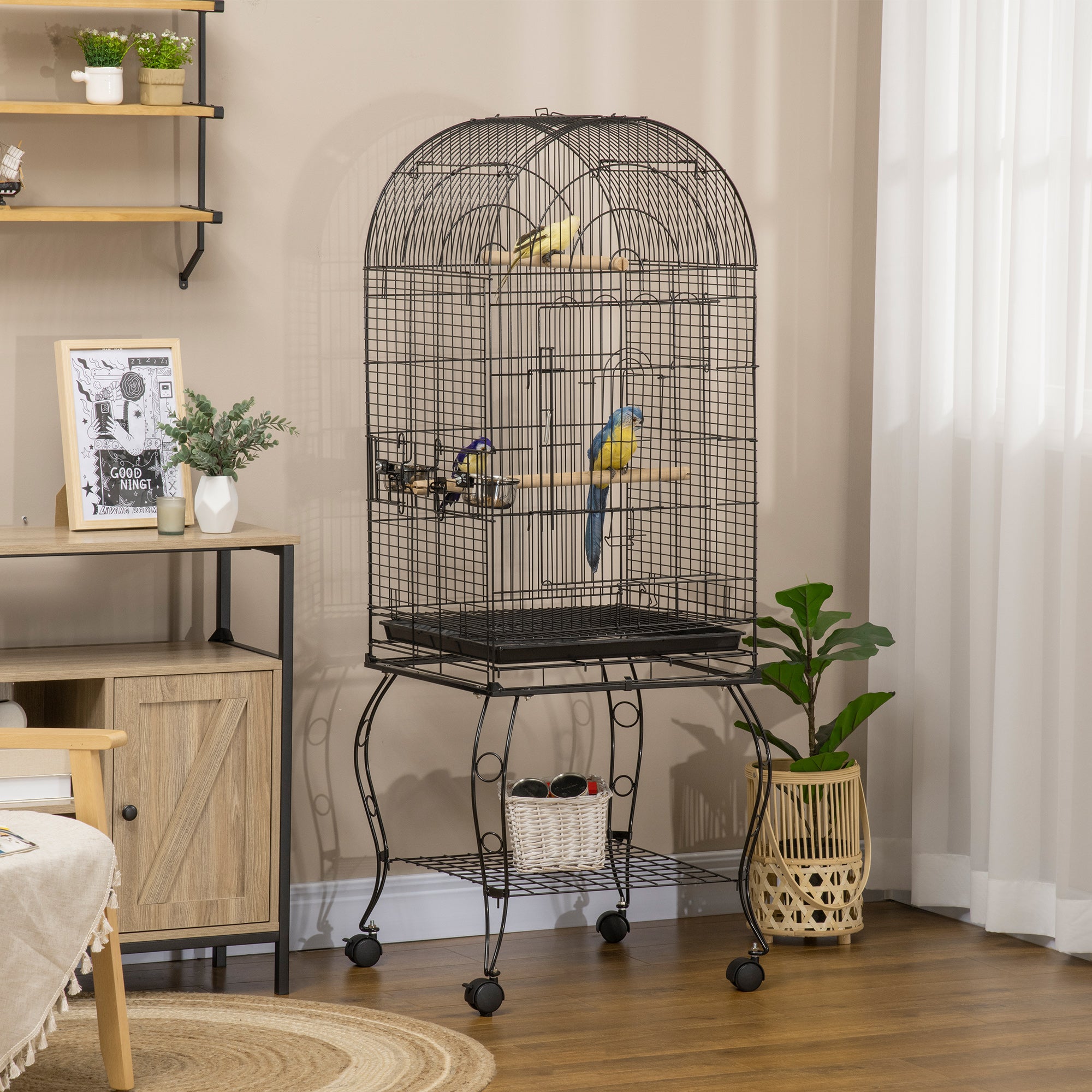 PawHut 60" Bird Cage with Openable Top, Large Parrot Cage with Rolling Stand, Wheels, Removable Tray, Bowls, Storage Shelf for Cockatie, Sun Conure, Black