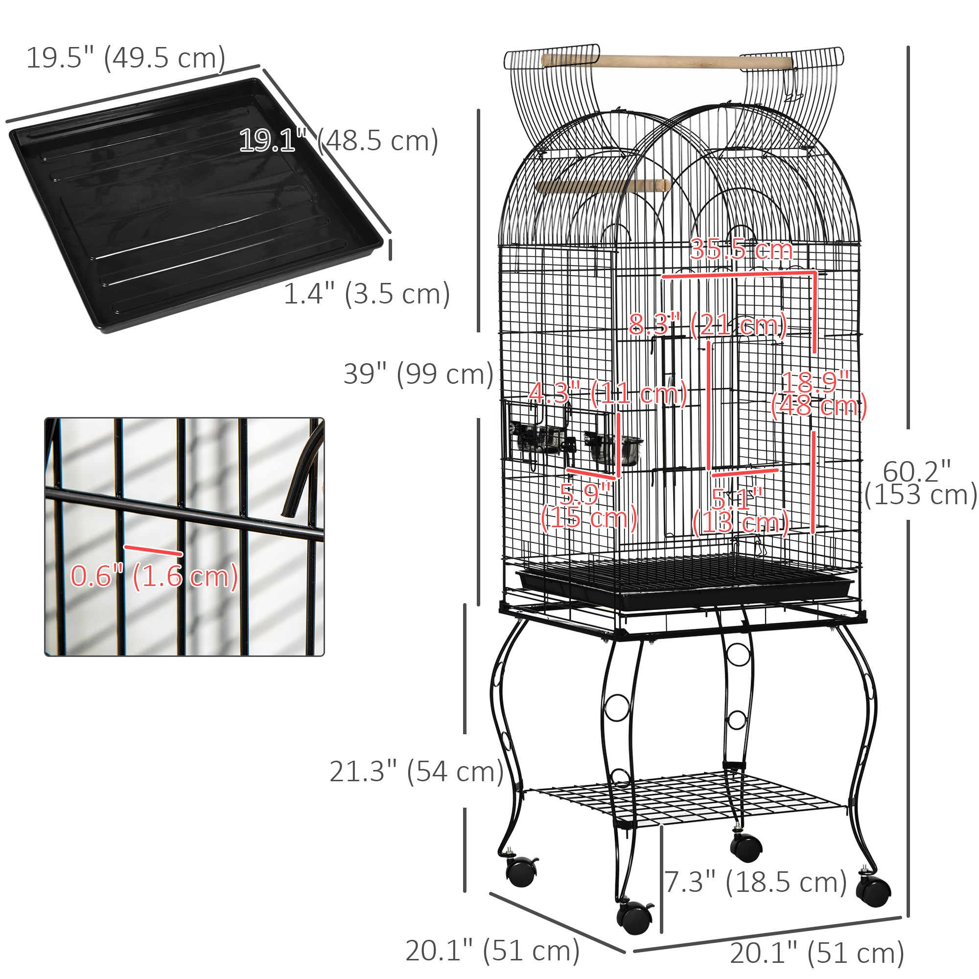 PawHut 60" Bird Cage with Openable Top, Large Parrot Cage with Rolling Stand, Wheels, Removable Tray, Bowls, Storage Shelf for Cockatie, Sun Conure, Black