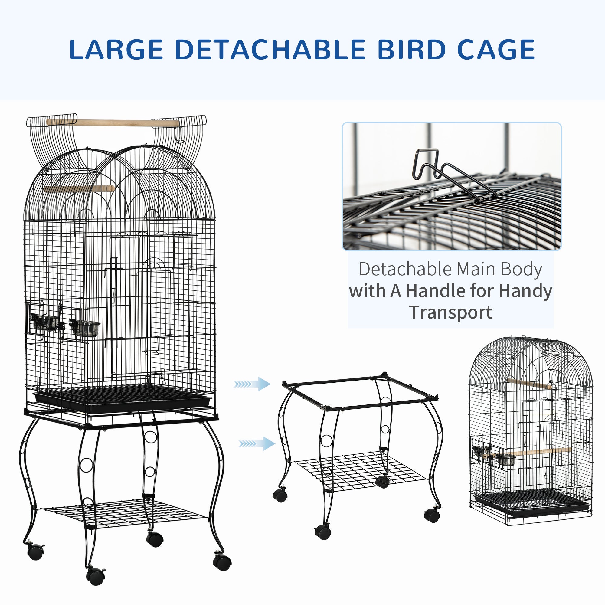 PawHut 60" Bird Cage with Openable Top, Large Parrot Cage with Rolling Stand, Wheels, Removable Tray, Bowls, Storage Shelf for Cockatie, Sun Conure, Black