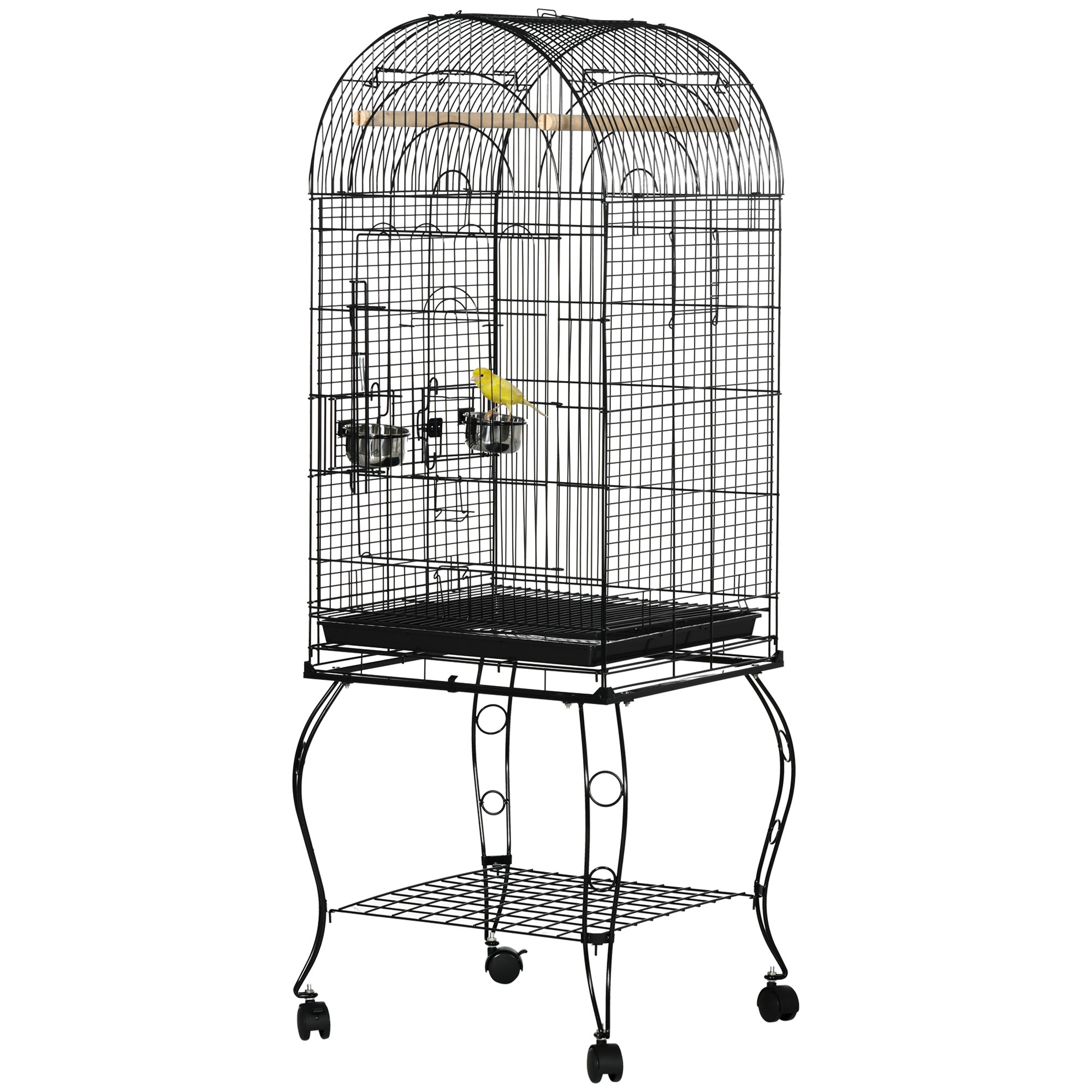 PawHut 60" Bird Cage with Openable Top, Large Parrot Cage with Rolling Stand, Wheels, Removable Tray, Bowls, Storage Shelf for Cockatie, Sun Conure, Black