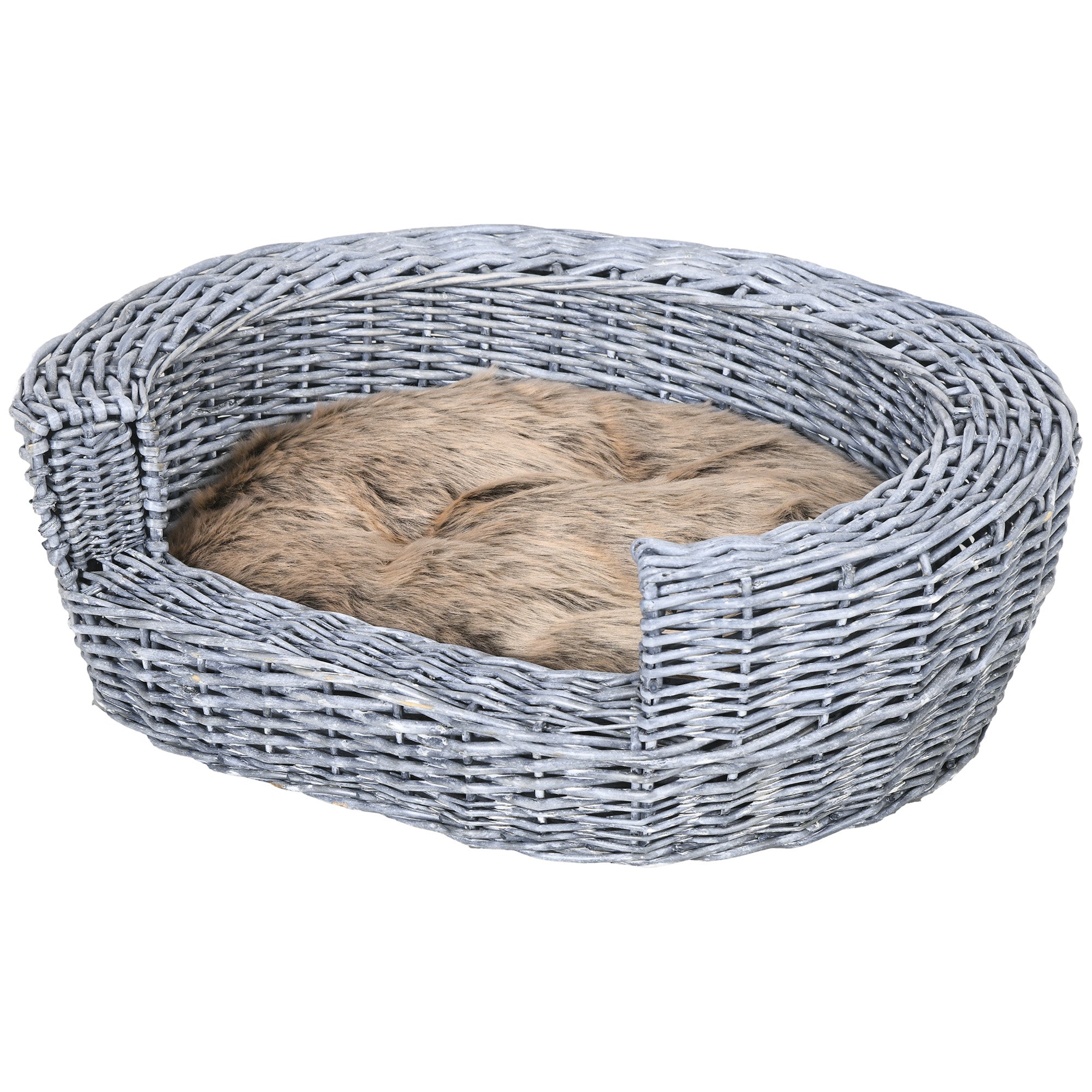 PawHut Wicker Pet Bed Willow Dog Cat Sofa Couch Puppy Basket with Cushion Grey 57L x 46W x 17.5H cm