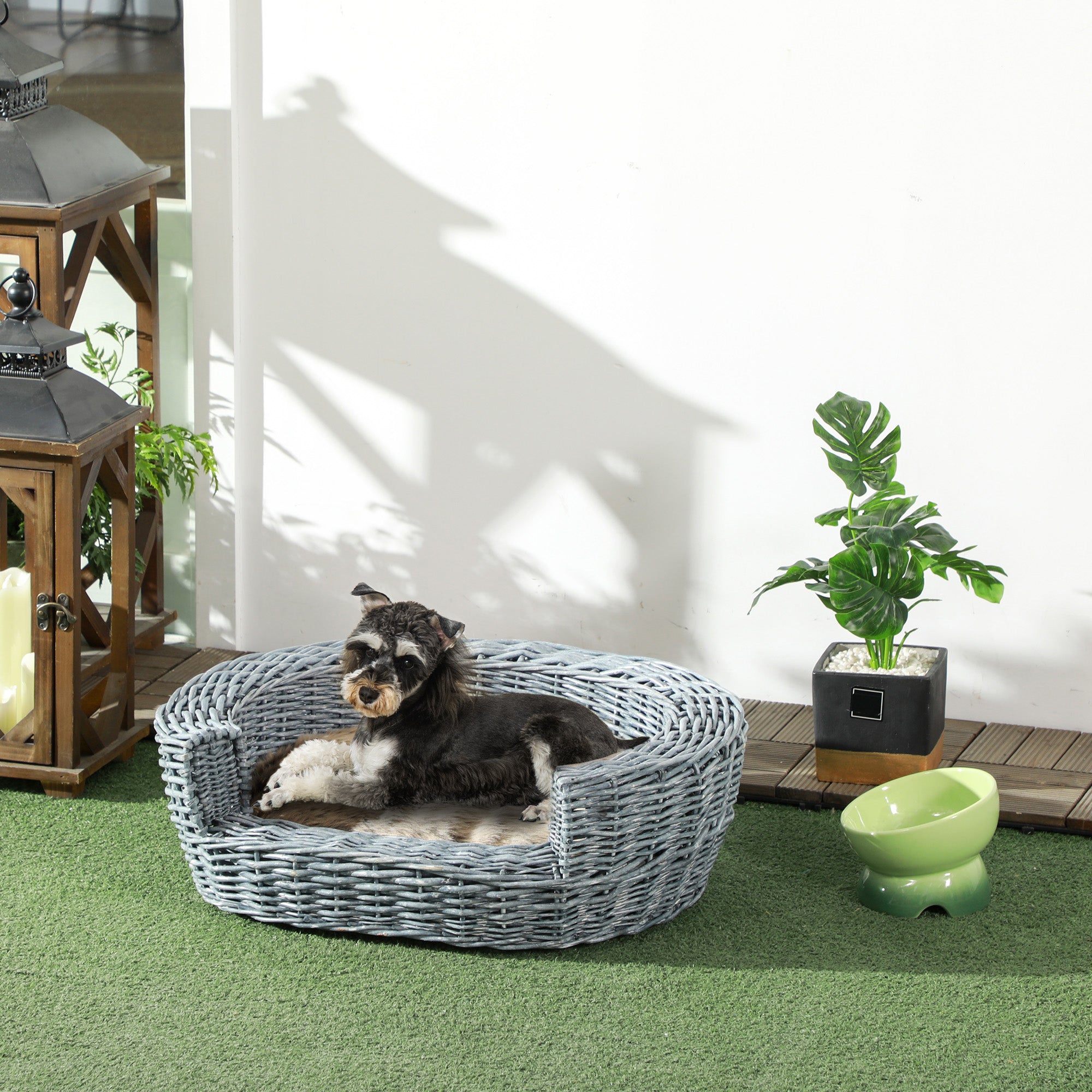 PawHut Wicker Pet Bed Willow Dog Cat Sofa Couch Puppy Basket with Cushion Grey 57L x 46W x 17.5H cm