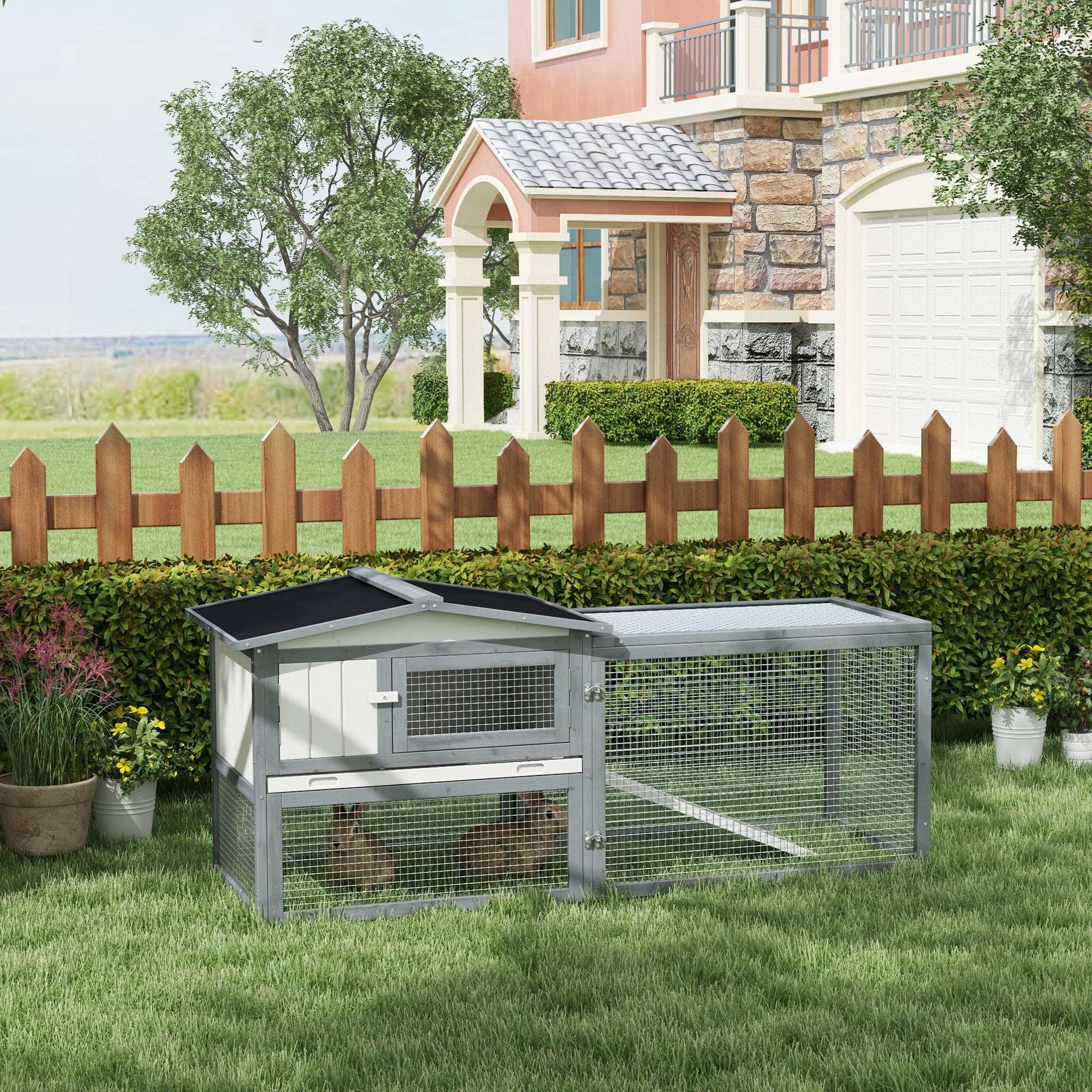 PawHut Rabbit Hutch 2-Story Bunny Cage, Guinea Pig Cage, Small Animal House with Slide Out Tray, for Indoor Outdoor, 61.5" x 23" x 27", White