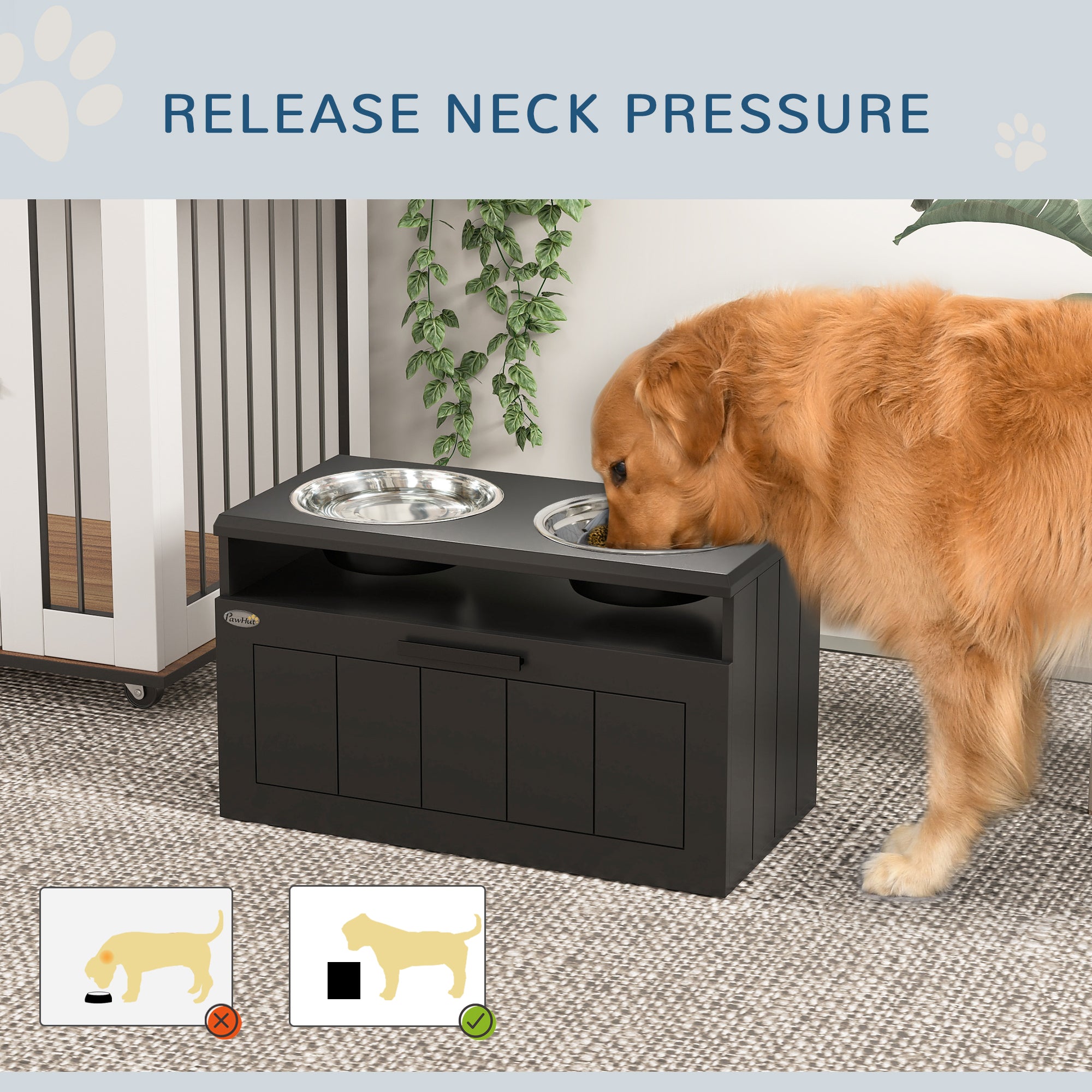 PawHut Raised Dog Bowl, Elevated Dog Bowls with Slow Feeder Dog Bowl & 2 Stainless Steel Bowls, 25L Storage Drawer, Dog Feeding Station for Large & Extra Large Dogs, Black