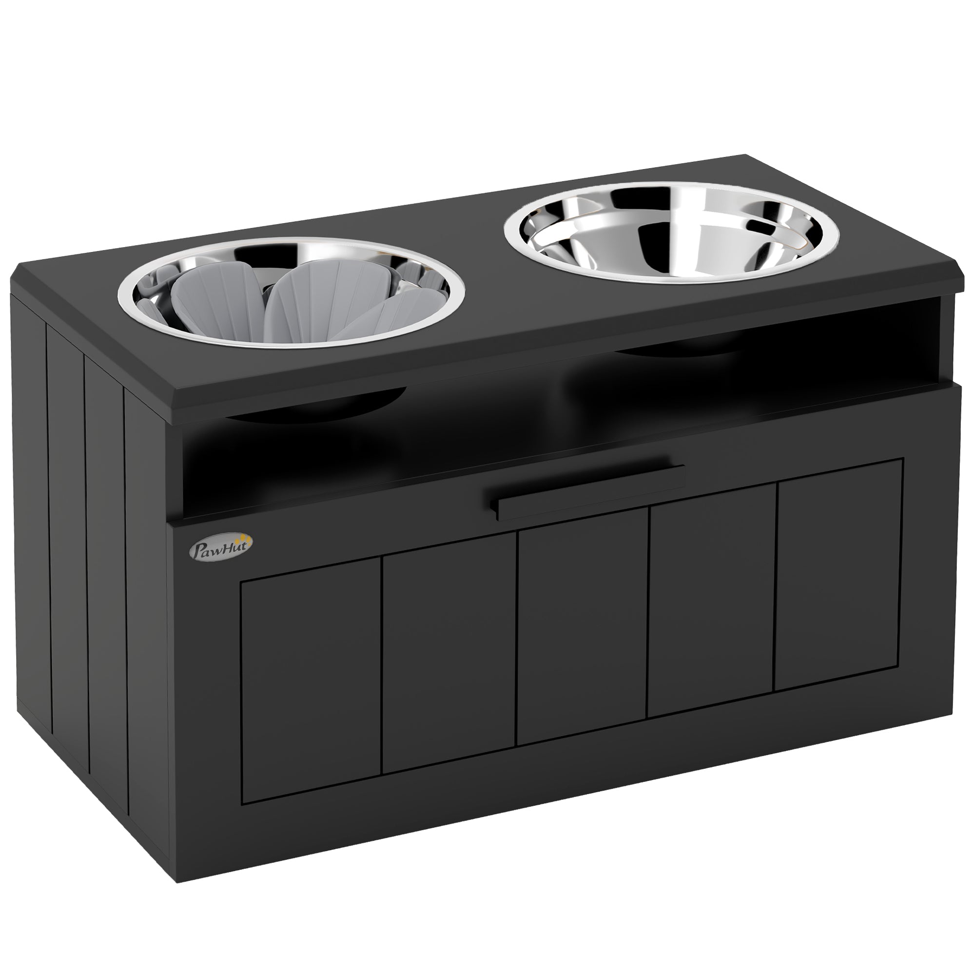 PawHut Raised Dog Bowl, Elevated Dog Bowls with Slow Feeder Dog Bowl & 2 Stainless Steel Bowls, 25L Storage Drawer, Dog Feeding Station for Large & Extra Large Dogs, Black