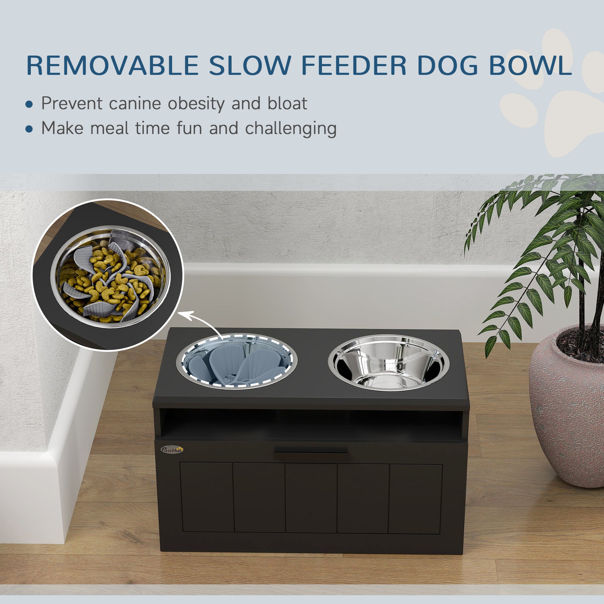 PawHut Raised Dog Bowl, Elevated Dog Bowls with Slow Feeder Dog Bowl & 2 Stainless Steel Bowls, 25L Storage Drawer, Dog Feeding Station for Large & Extra Large Dogs, Black