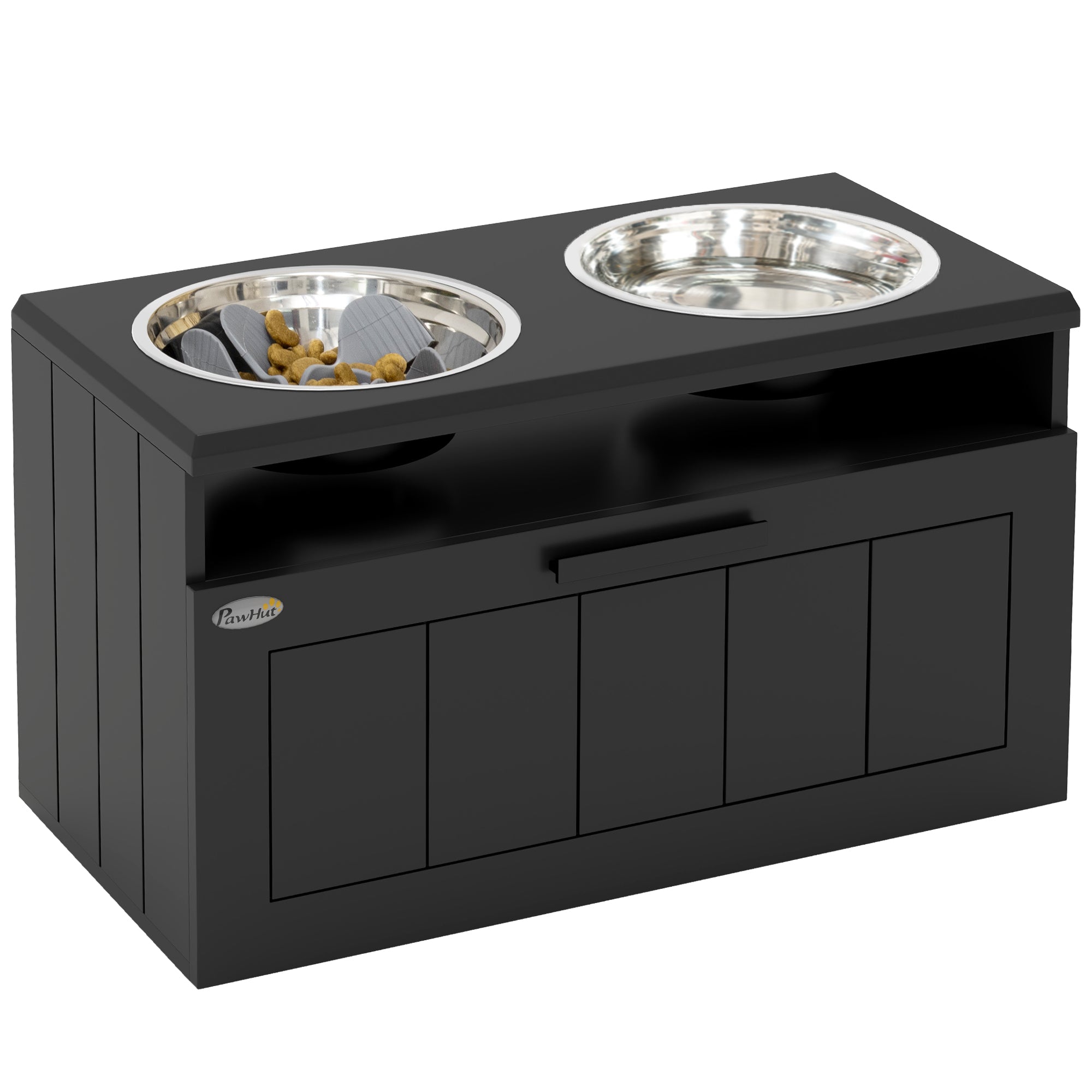 PawHut Raised Dog Bowl, Elevated Dog Bowls with Slow Feeder Dog Bowl & 2 Stainless Steel Bowls, 25L Storage Drawer, Dog Feeding Station for Large & Extra Large Dogs, Black