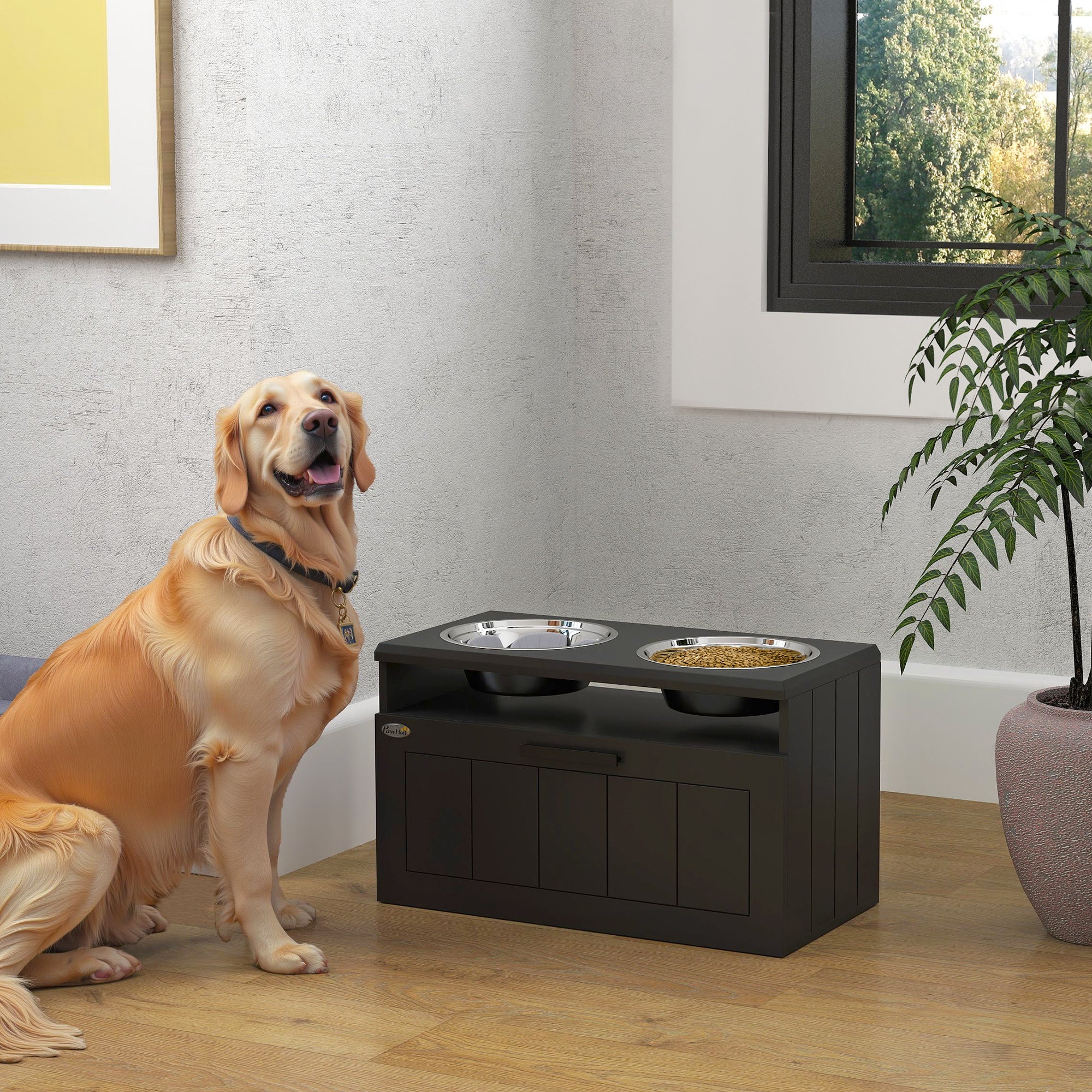 PawHut Raised Dog Bowl, Elevated Dog Bowls with Slow Feeder Dog Bowl & 2 Stainless Steel Bowls, 25L Storage Drawer, Dog Feeding Station for Large & Extra Large Dogs, Black