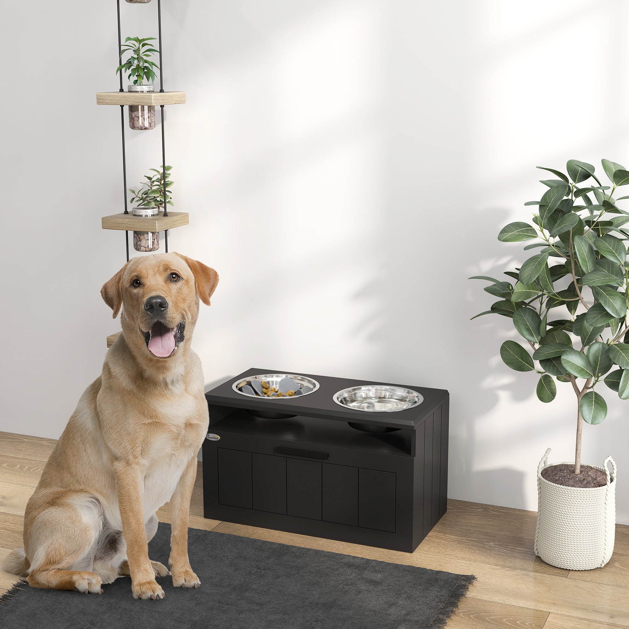 PawHut Raised Dog Bowl, Elevated Dog Bowls with Slow Feeder Dog Bowl & 2 Stainless Steel Bowls, 25L Storage Drawer, Dog Feeding Station for Large & Extra Large Dogs, Black