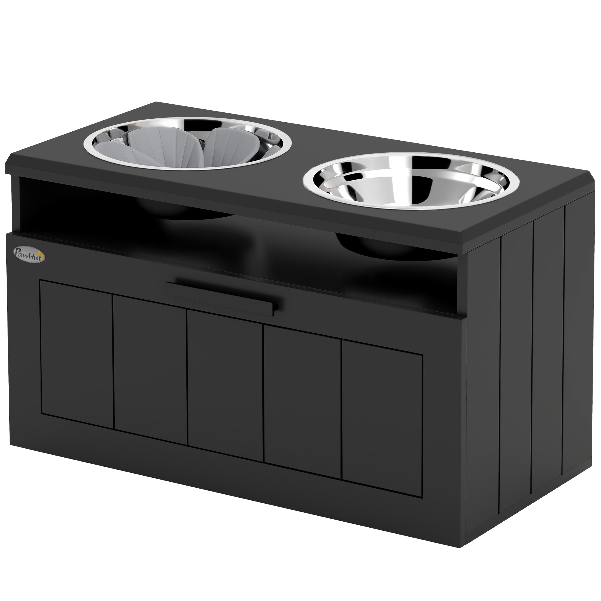 PawHut Raised Dog Bowl, Elevated Dog Bowls with Slow Feeder Dog Bowl & 2 Stainless Steel Bowls, 25L Storage Drawer, Dog Feeding Station for Large & Extra Large Dogs, Black