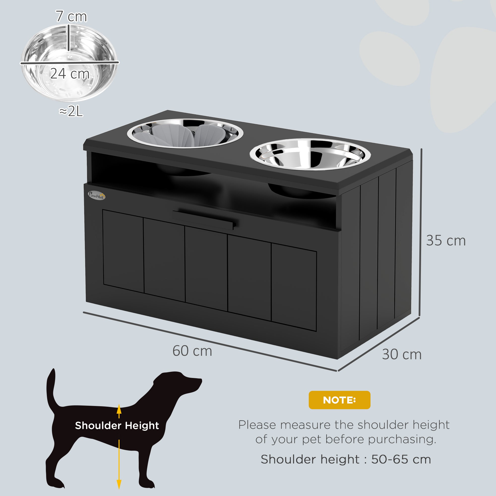 PawHut Raised Dog Bowl, Elevated Dog Bowls with Slow Feeder Dog Bowl & 2 Stainless Steel Bowls, 25L Storage Drawer, Dog Feeding Station for Large & Extra Large Dogs, Black
