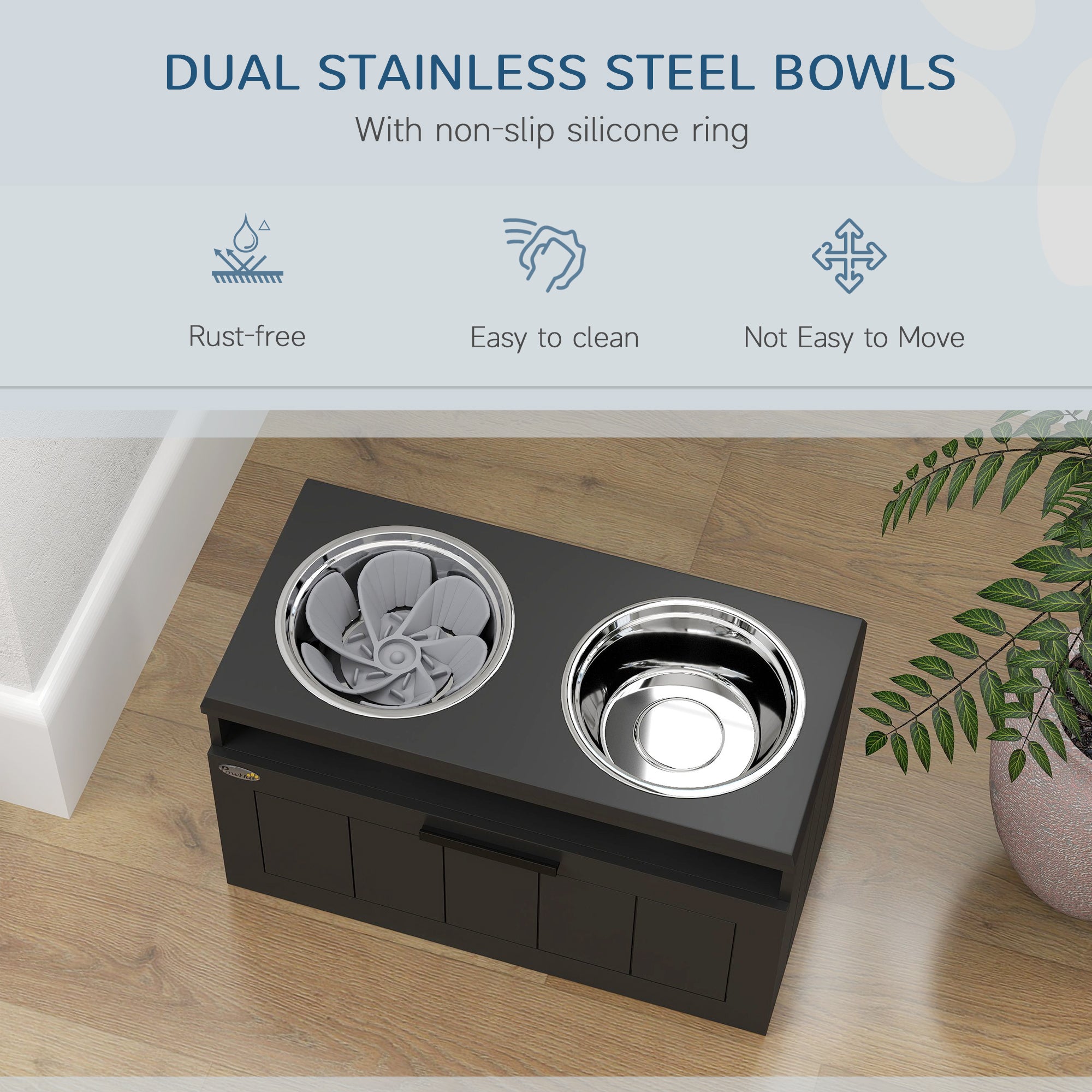 PawHut Raised Dog Bowl, Elevated Dog Bowls with Slow Feeder Dog Bowl & 2 Stainless Steel Bowls, 25L Storage Drawer, Dog Feeding Station for Large & Extra Large Dogs, Black