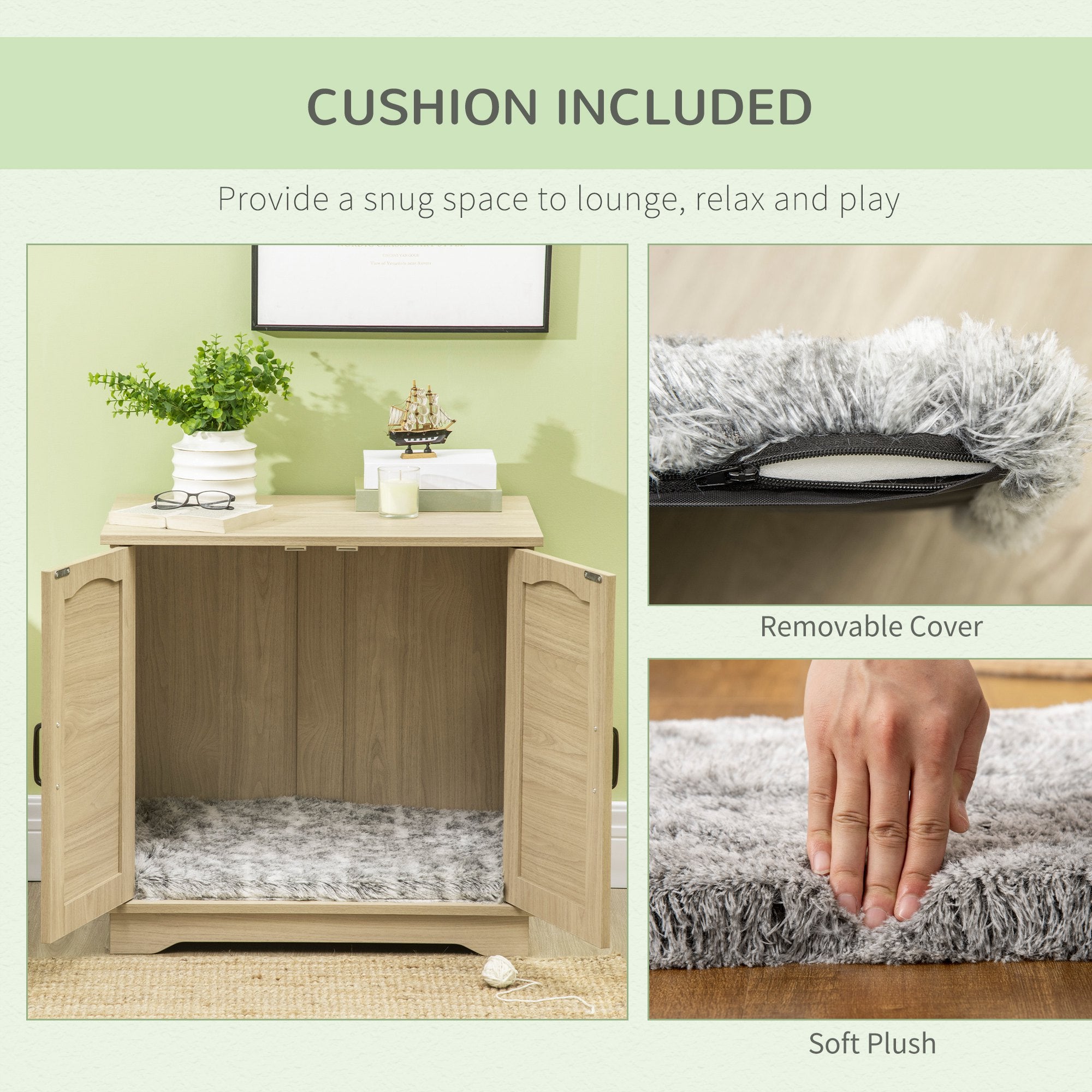 PawHut 3-in-1 Cat Litter Box Furniture Hidden, Cat Cabinet Bed, End Table with Rattan, Kitty Bed with Plush Foam Cushion, Modern Cat Bedding House with End Table Use, Oak