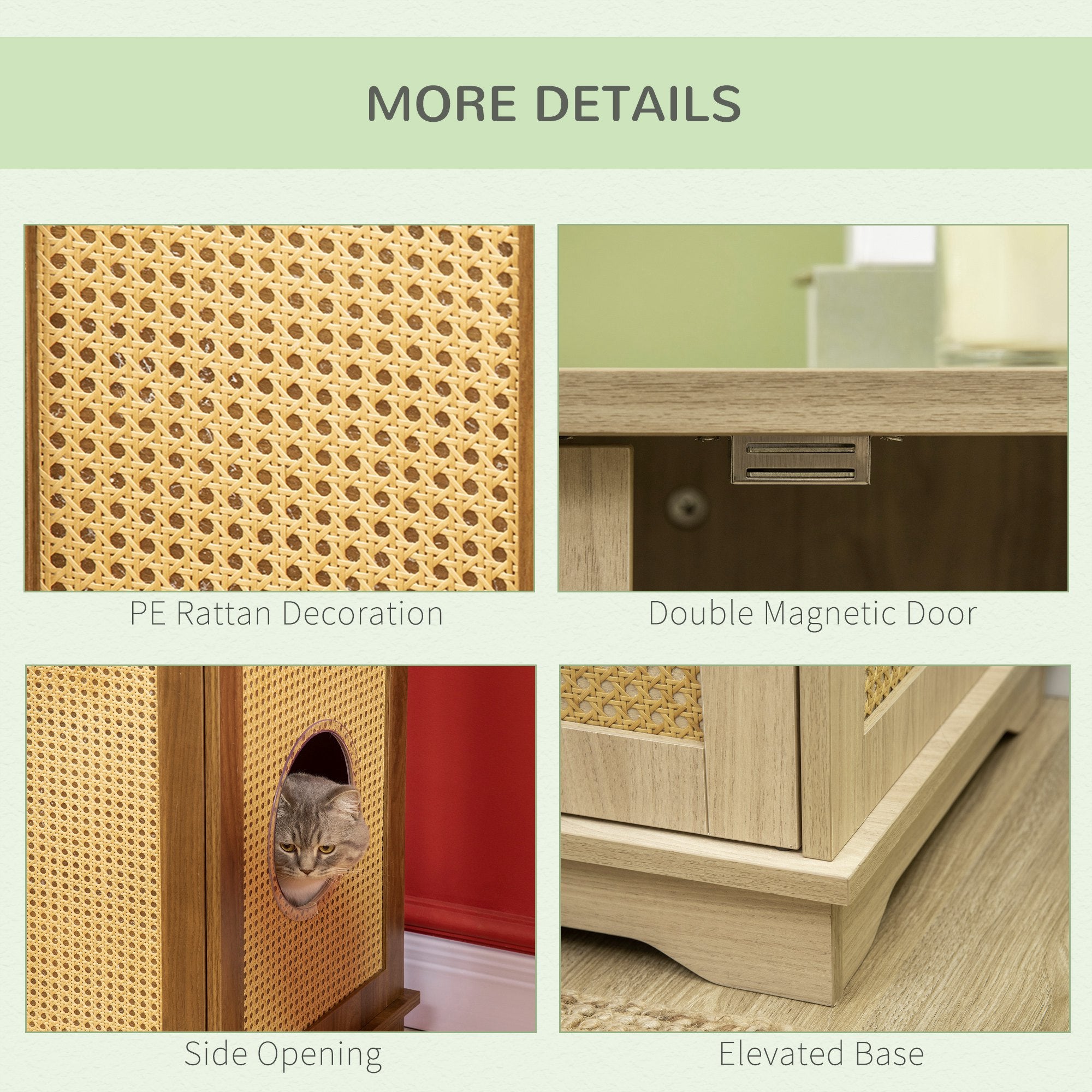 PawHut 3-in-1 Cat Litter Box Furniture Hidden, Cat Cabinet Bed, End Table with Rattan, Kitty Bed with Plush Foam Cushion, Modern Cat Bedding House with End Table Use, Oak