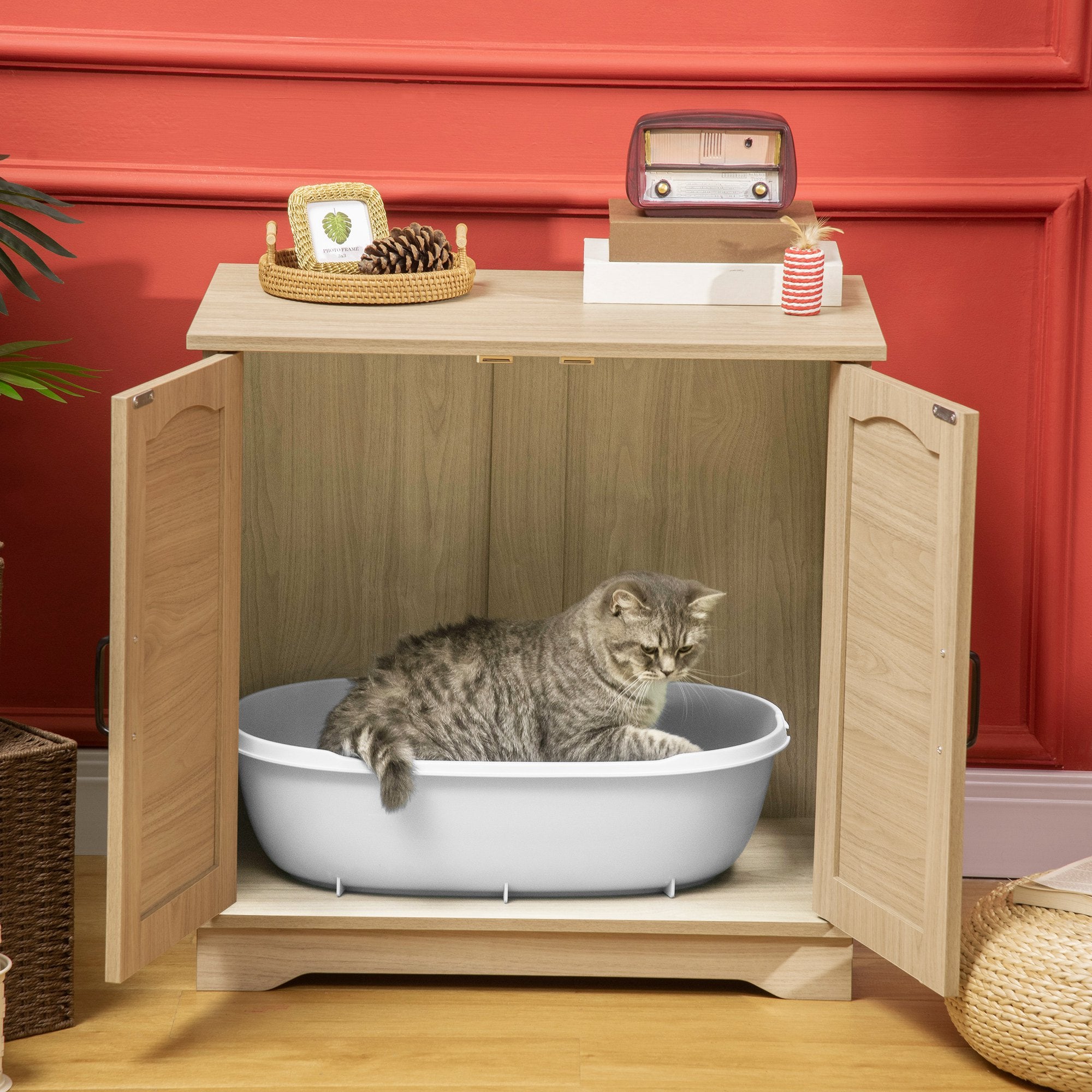 PawHut 3-in-1 Cat Litter Box Furniture Hidden, Cat Cabinet Bed, End Table with Rattan, Kitty Bed with Plush Foam Cushion, Modern Cat Bedding House with End Table Use, Oak