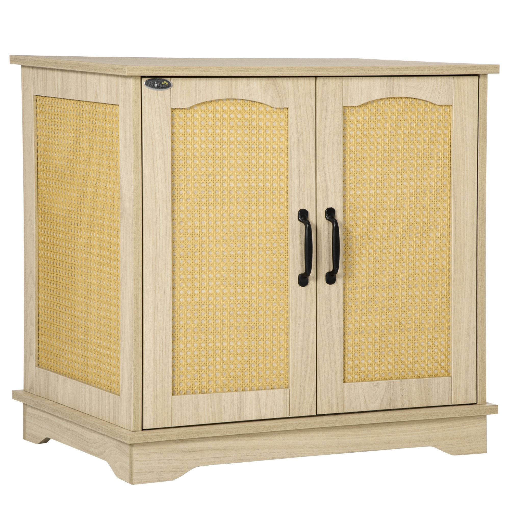 PawHut 3-in-1 Cat Litter Box Furniture Hidden, Cat Cabinet Bed, End Table with Rattan, Kitty Bed with Plush Foam Cushion, Modern Cat Bedding House with End Table Use, Oak