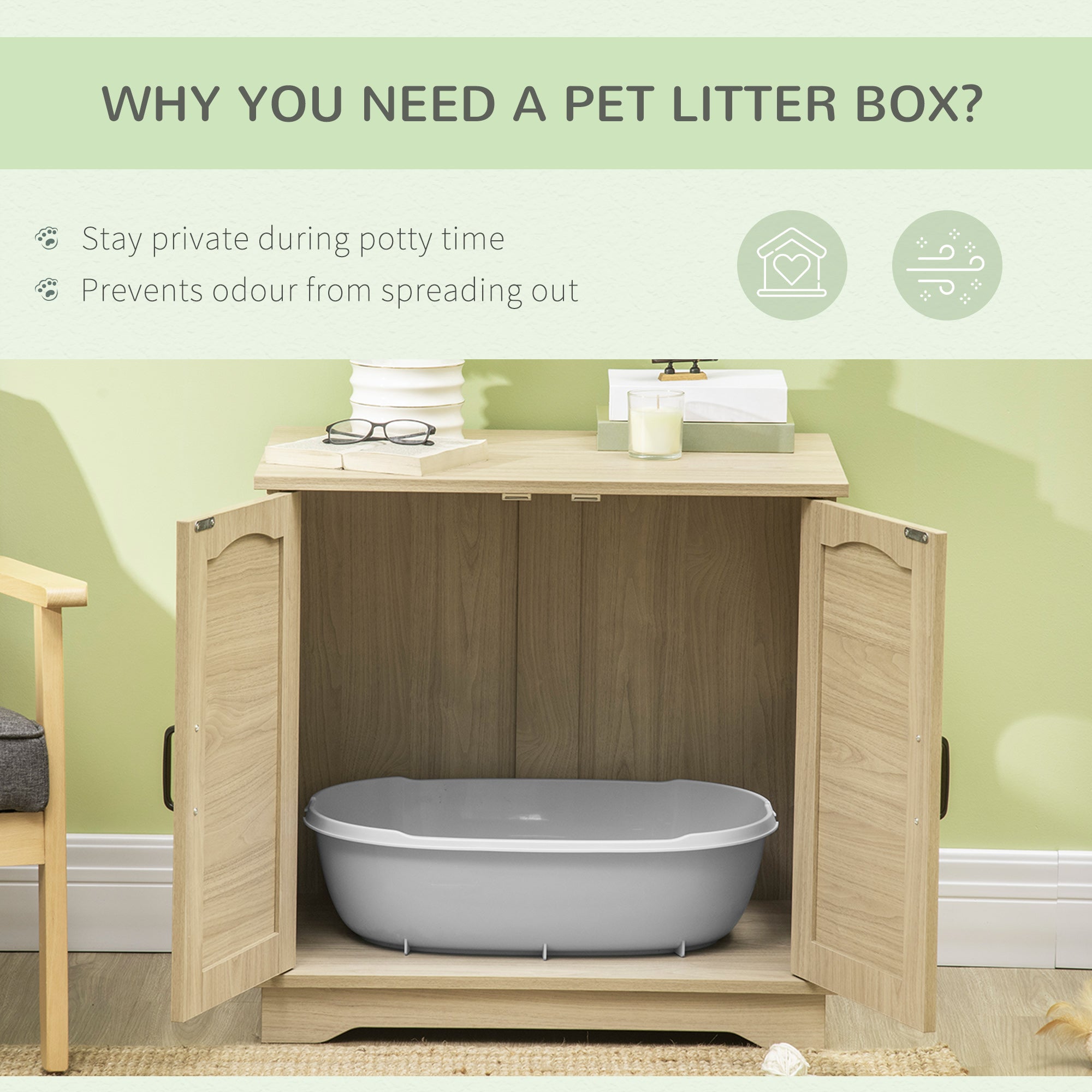 PawHut 3-in-1 Cat Litter Box Furniture Hidden, Cat Cabinet Bed, End Table with Rattan, Kitty Bed with Plush Foam Cushion, Modern Cat Bedding House with End Table Use, Oak