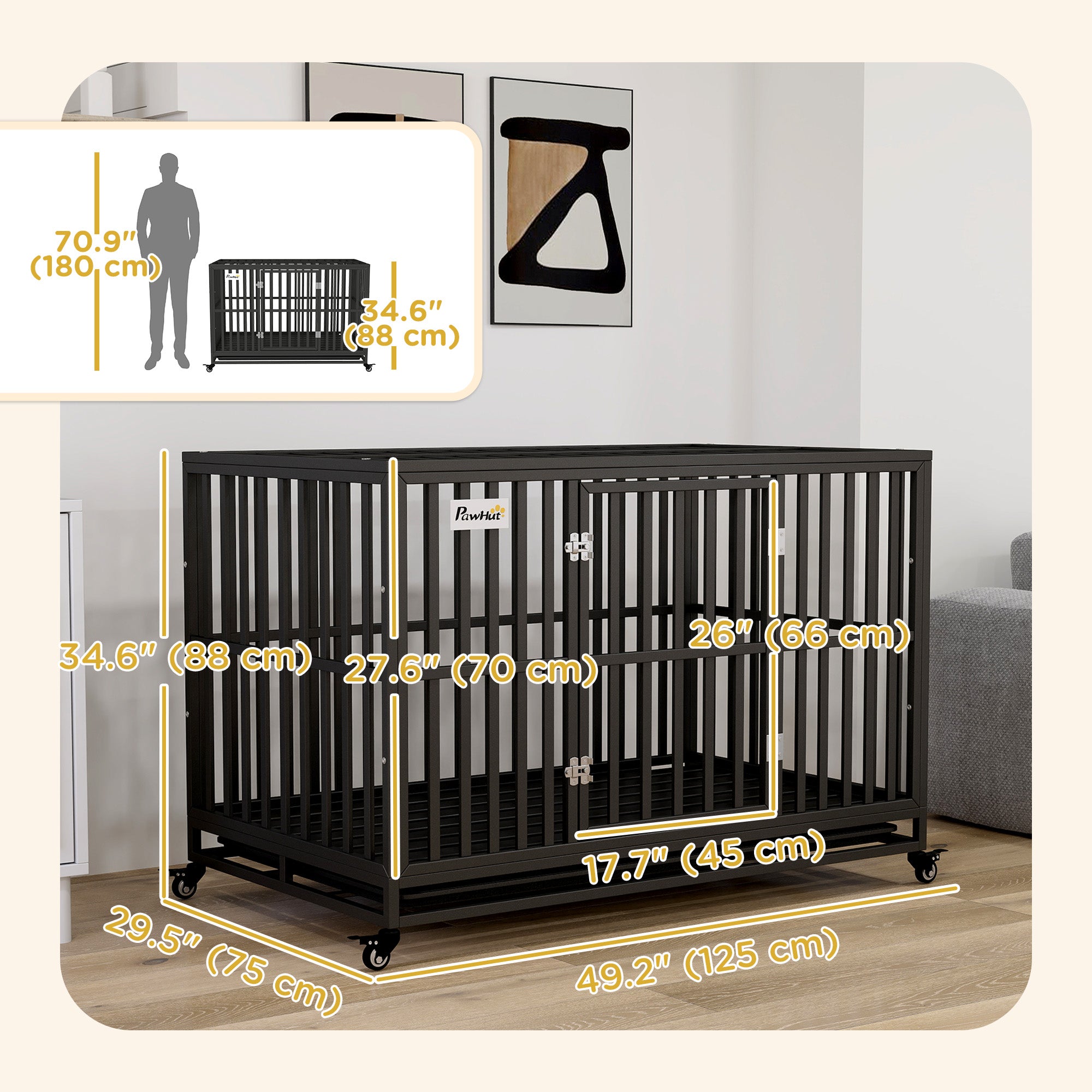 PawHut Heavy Duty Steel Dog Crate Kennel Pet Cage with Wheels for Portability and a Door for Convenient Access Anti-Pinching Floor, 49.2