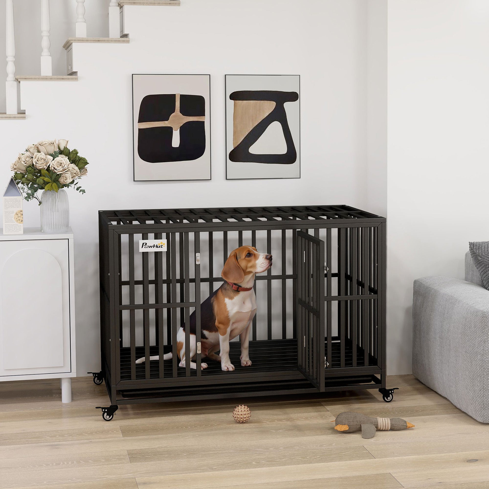 PawHut Heavy Duty Steel Dog Crate Kennel Pet Cage with Wheels for Portability and a Door for Convenient Access Anti-Pinching Floor, 49.2"L x 29.5"W x 34.6"H, Black