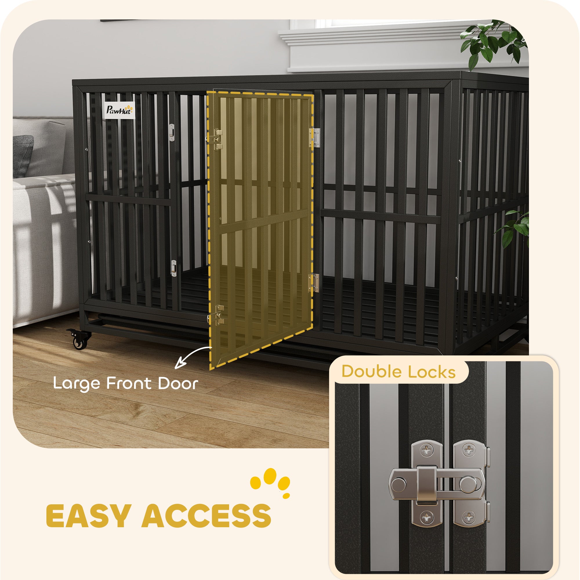PawHut Heavy Duty Steel Dog Crate Kennel Pet Cage with Wheels for Portability and a Door for Convenient Access Anti-Pinching Floor, 49.2"L x 29.5"W x 34.6"H, Black