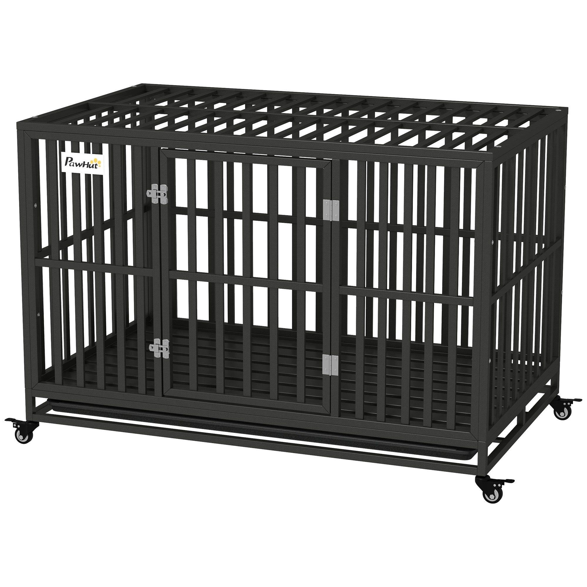 PawHut Heavy Duty Steel Dog Crate Kennel Pet Cage with Wheels for Portability and a Door for Convenient Access Anti-Pinching Floor, 49.2"L x 29.5"W x 34.6"H, Black