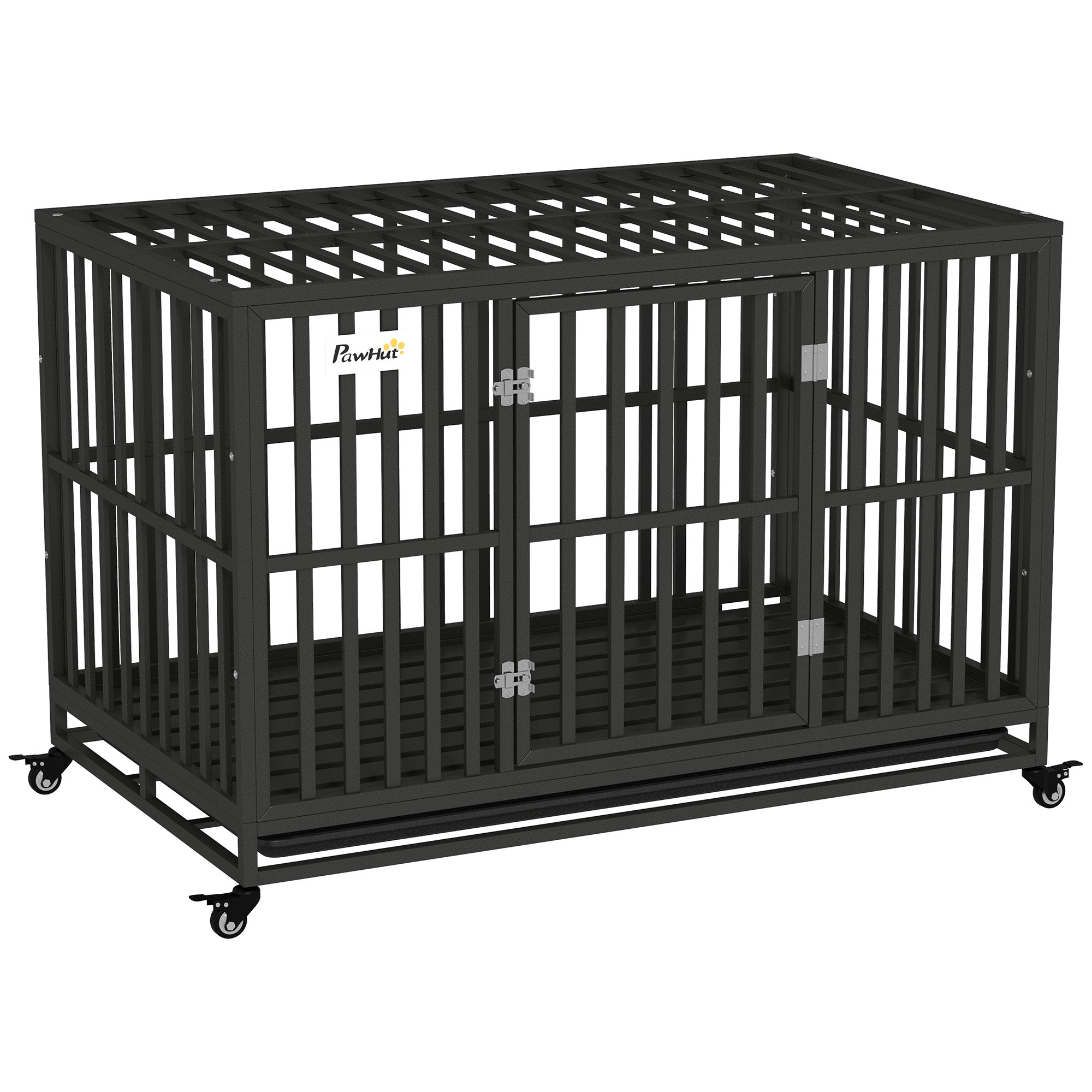 PawHut Heavy Duty Steel Dog Crate Kennel Pet Cage with Wheels for Portability and a Door for Convenient Access Anti-Pinching Floor, 49.2"L x 29.5"W x 34.6"H, Black