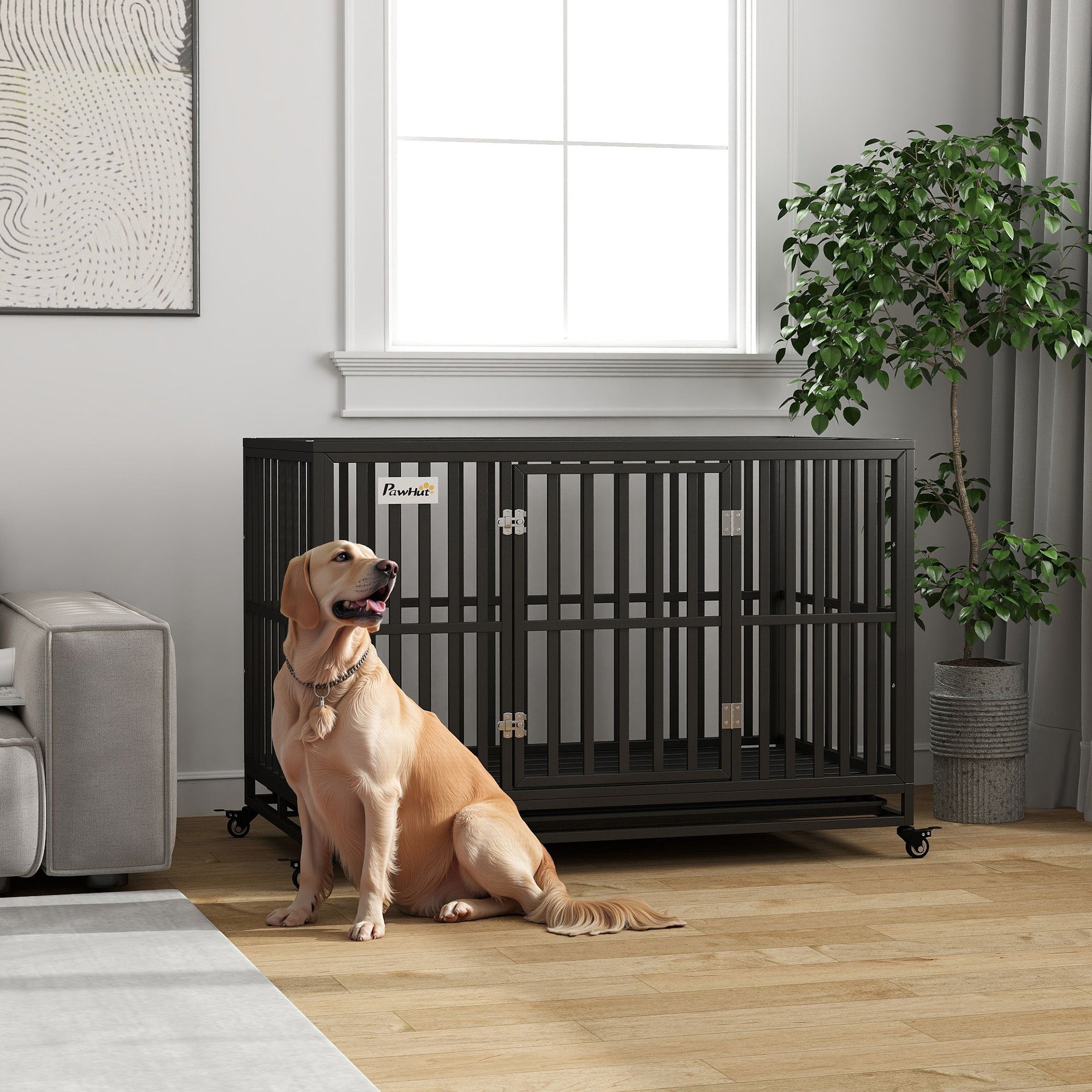 PawHut Heavy Duty Steel Dog Crate Kennel Pet Cage with Wheels for Portability and a Door for Convenient Access Anti-Pinching Floor, 49.2