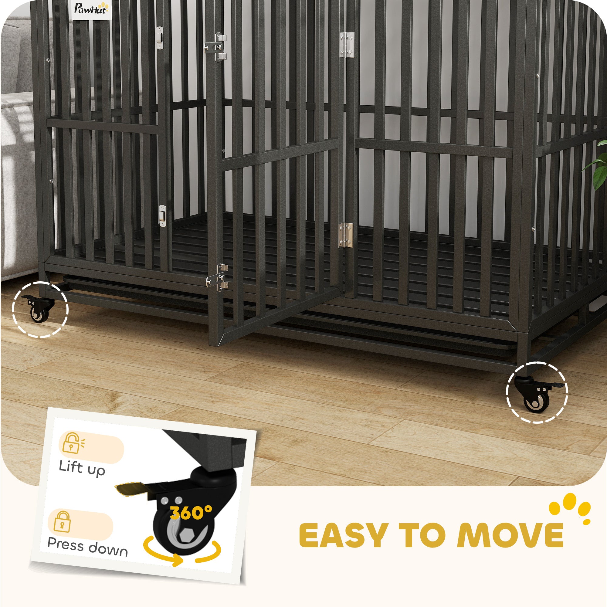 PawHut Heavy Duty Steel Dog Crate Kennel Pet Cage with Wheels for Portability and a Door for Convenient Access Anti-Pinching Floor, 49.2"L x 29.5"W x 34.6"H, Black