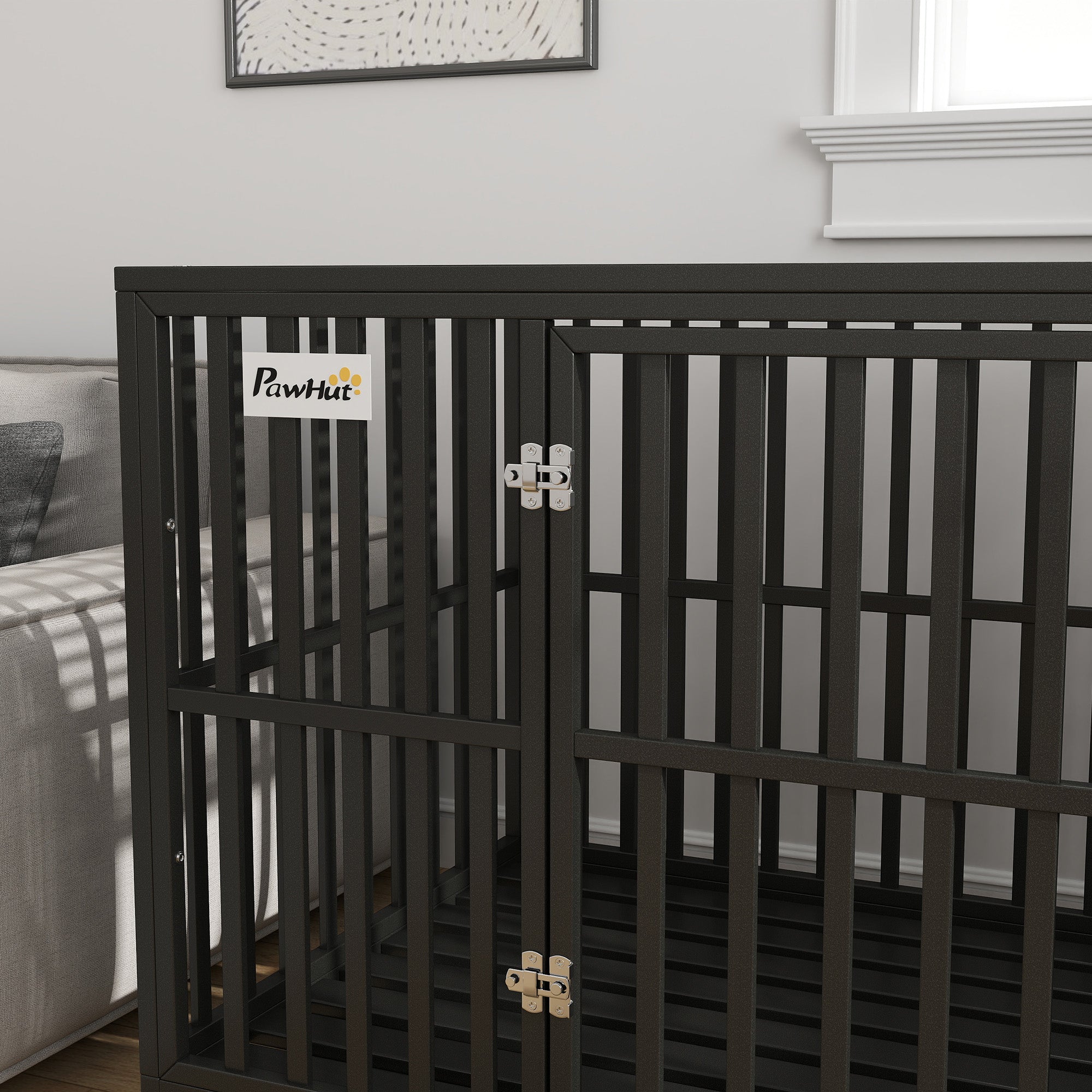 PawHut Heavy Duty Steel Dog Crate Kennel Pet Cage with Wheels for Portability and a Door for Convenient Access Anti-Pinching Floor, 49.2"L x 29.5"W x 34.6"H, Black