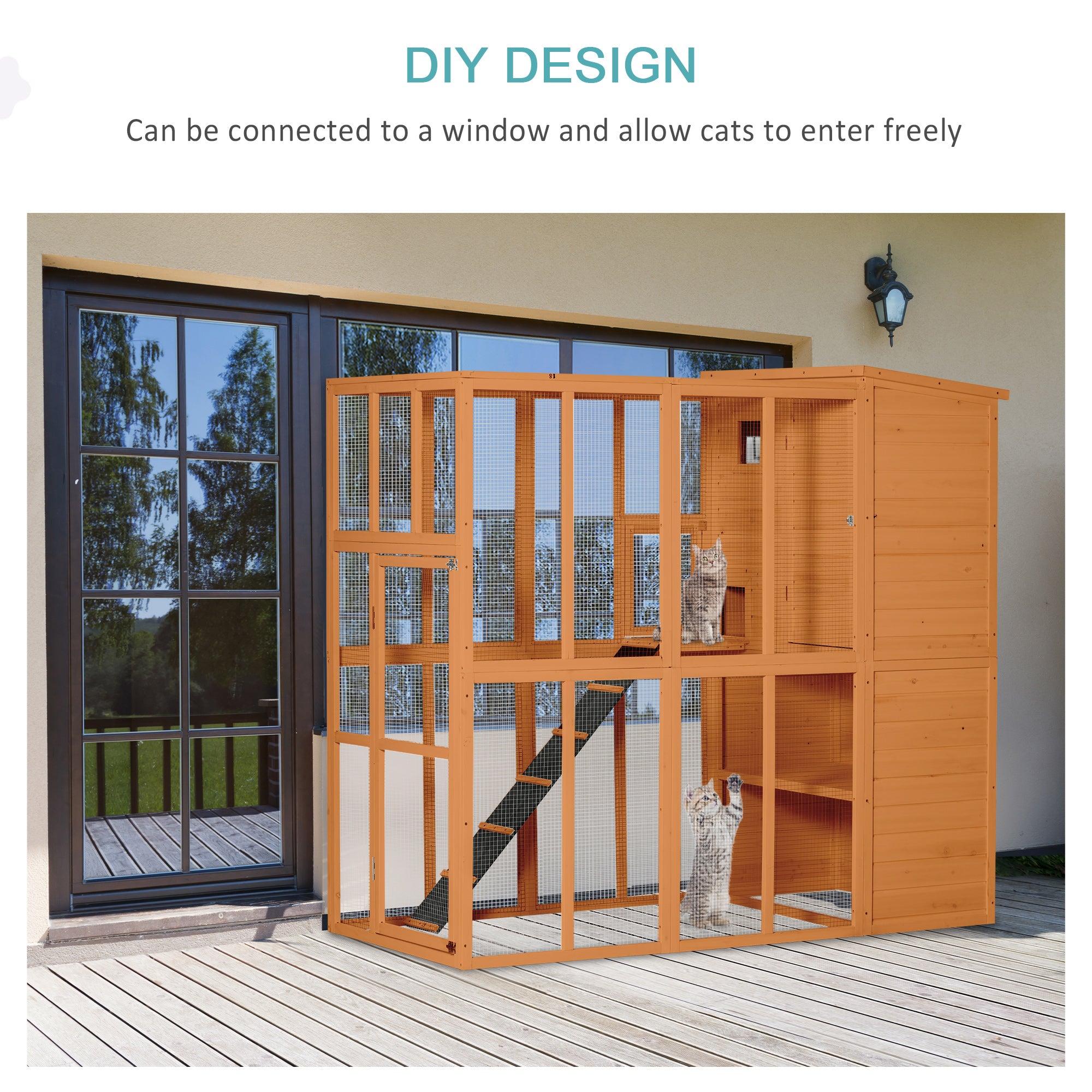 PawHut Large Catio Outdoor Cat Enclosure Weatherproof Cat House with Cat Condo, Indoor Wooden Cat Cage Pet Kennel, 77"L x 38"W x 69"H