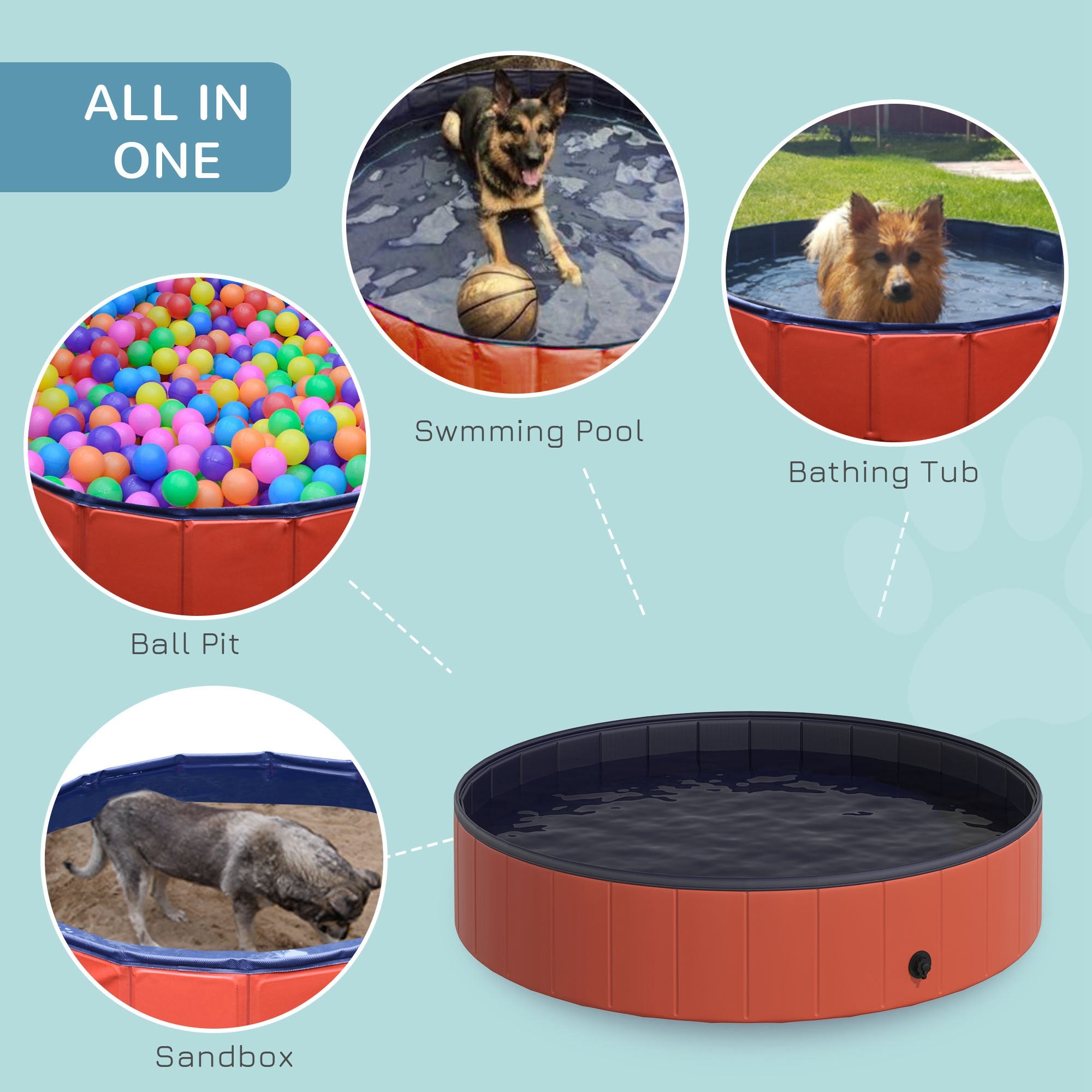 PawHut Foldable Dog Paddling Pool Pet Cat Swimming Pool Indoor/ Outdoor Collapsible Summer Bathing Tub Shower Tub Puppy Washer, Φ 140 x 30H cm, Red