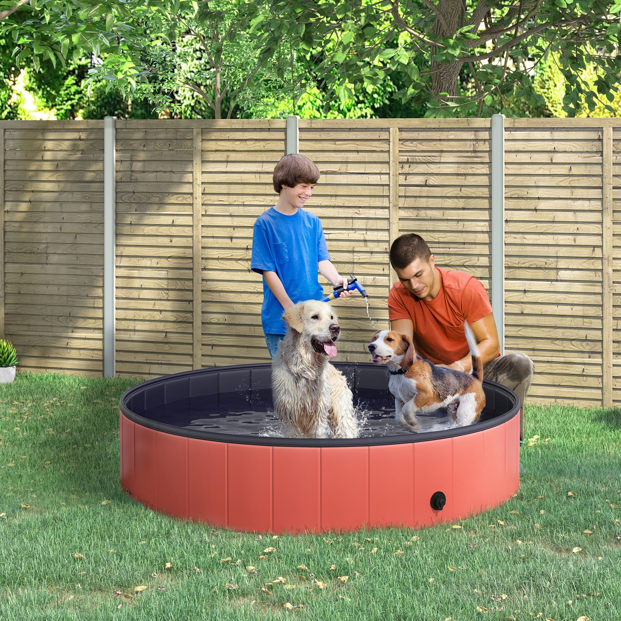 PawHut Folding Dog Pool Portable Pet Kiddie Swimming Pool, Outdoor/Indoor Puppy Bath Tub with Nonslip Bottom for Dogs & Cats,  (Φ55", Red)
