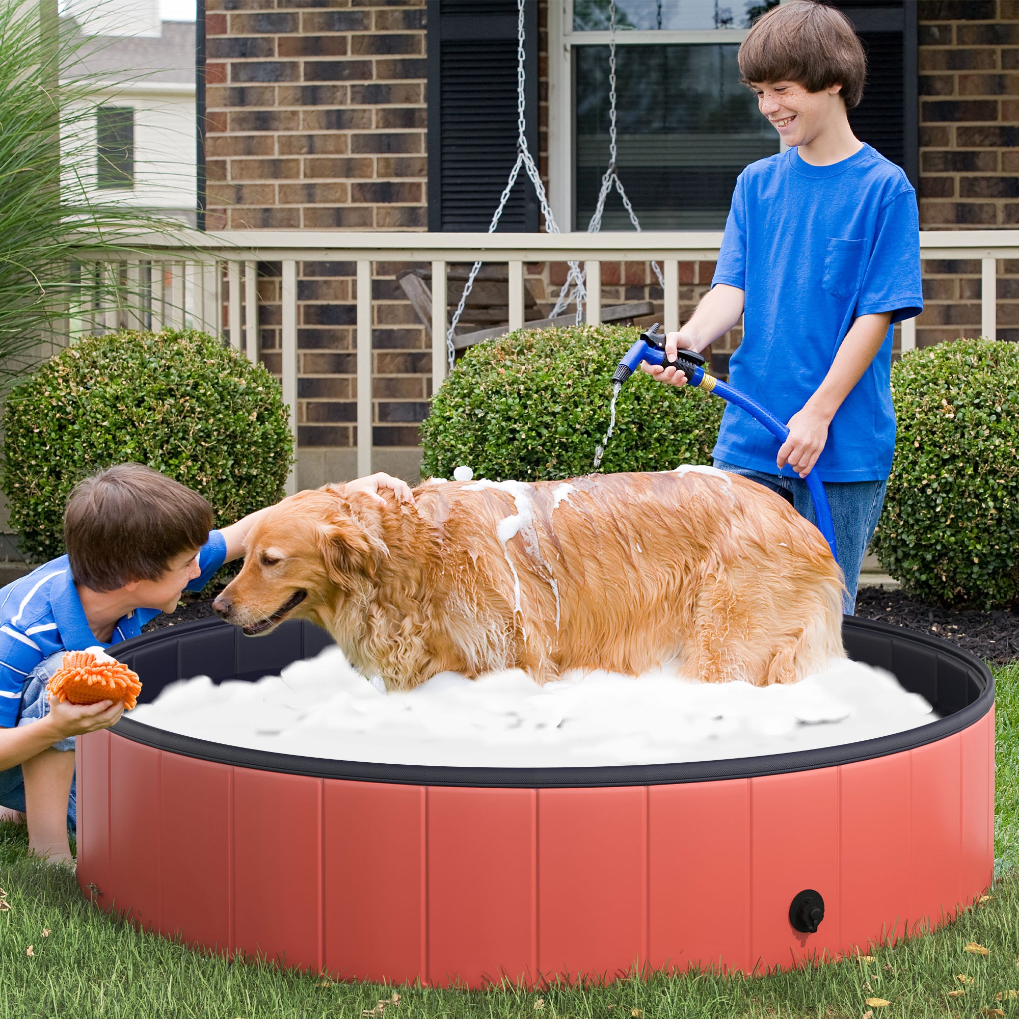 PawHut Foldable Dog Paddling Pool Pet Cat Swimming Pool Indoor/ Outdoor Collapsible Summer Bathing Tub Shower Tub Puppy Washer, Φ 140 x 30H cm, Red