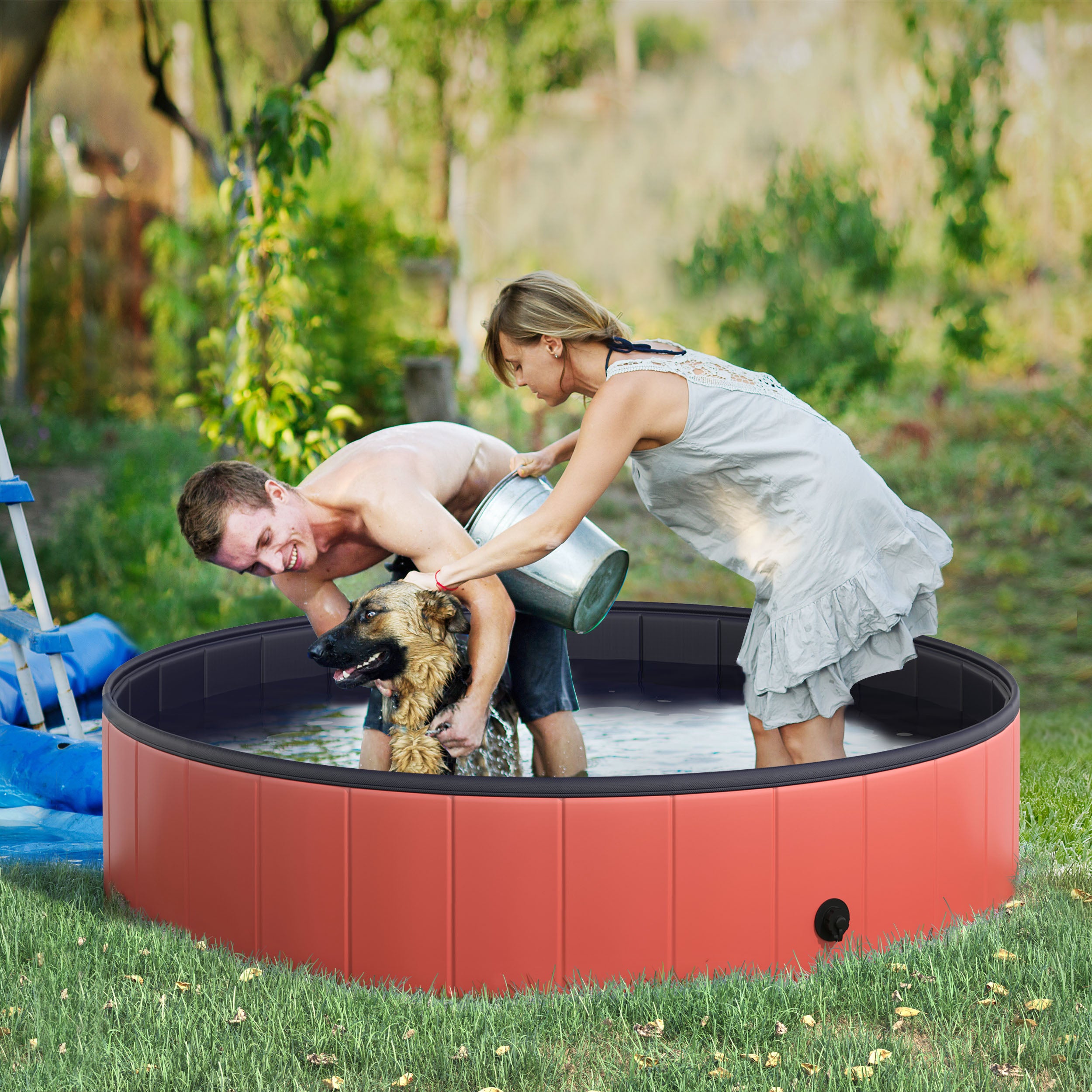 PawHut Foldable Dog Paddling Pool Pet Cat Swimming Pool Indoor/ Outdoor Collapsible Summer Bathing Tub Shower Tub Puppy Washer, Φ 140 x 30H cm, Red