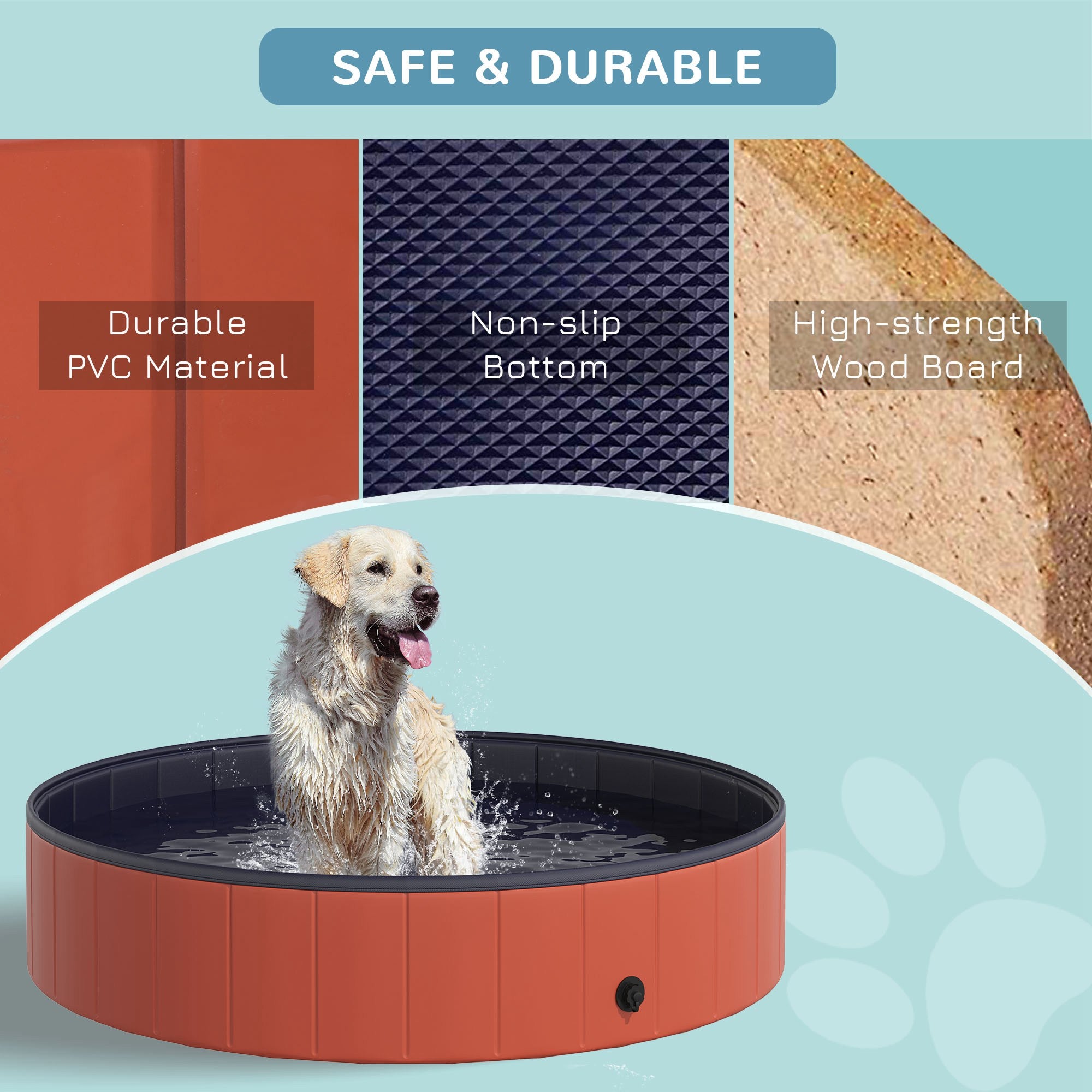 PawHut Folding Dog Pool Portable Pet Kiddie Swimming Pool, Outdoor/Indoor Puppy Bath Tub with Nonslip Bottom for Dogs & Cats,  (Φ55", Red)