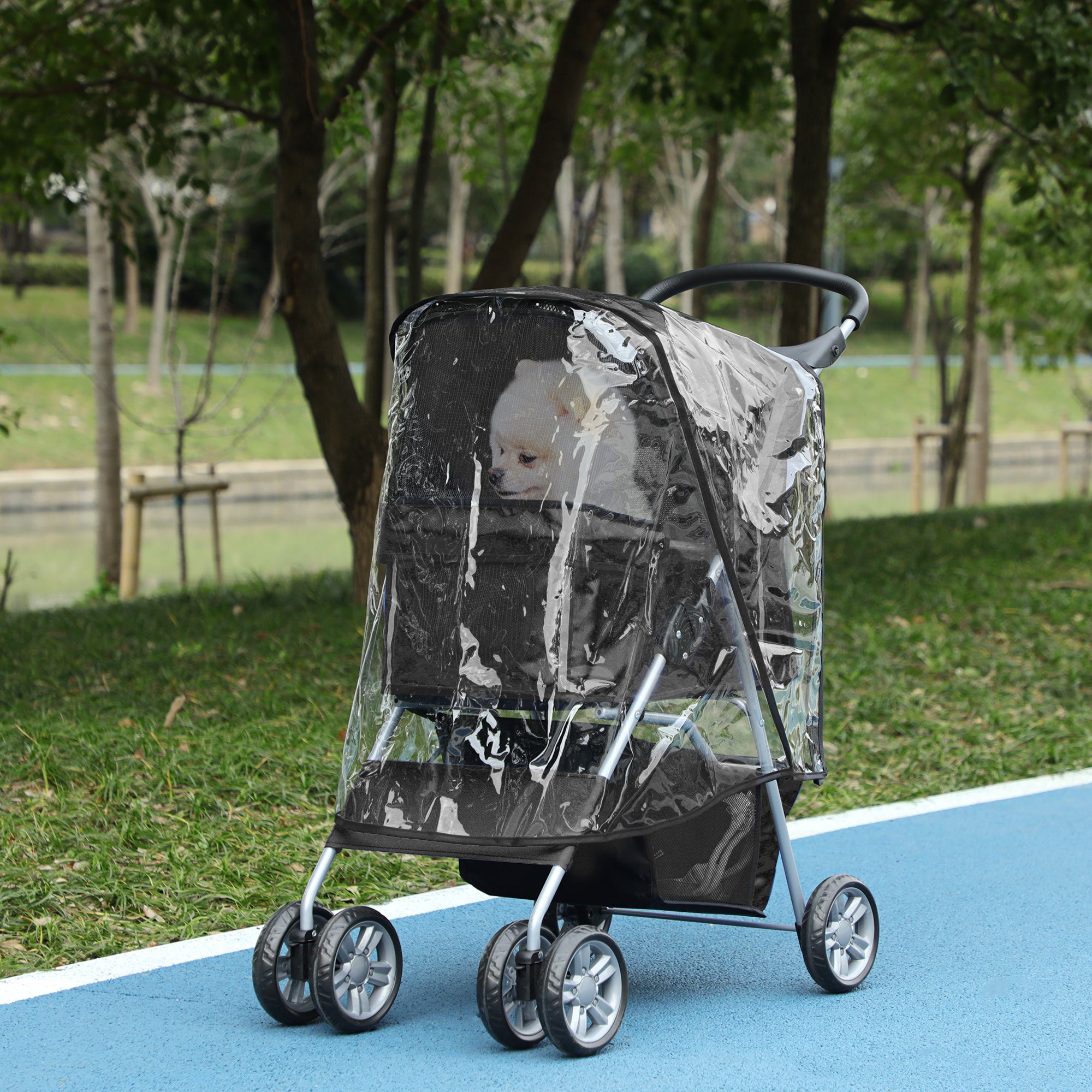 PawHut Pet Travel Stroller with Rain Cover, 4 Wheels Foldable Travel Carriage with Wheels Zipper Entry Cup Holder Storage Basket Black