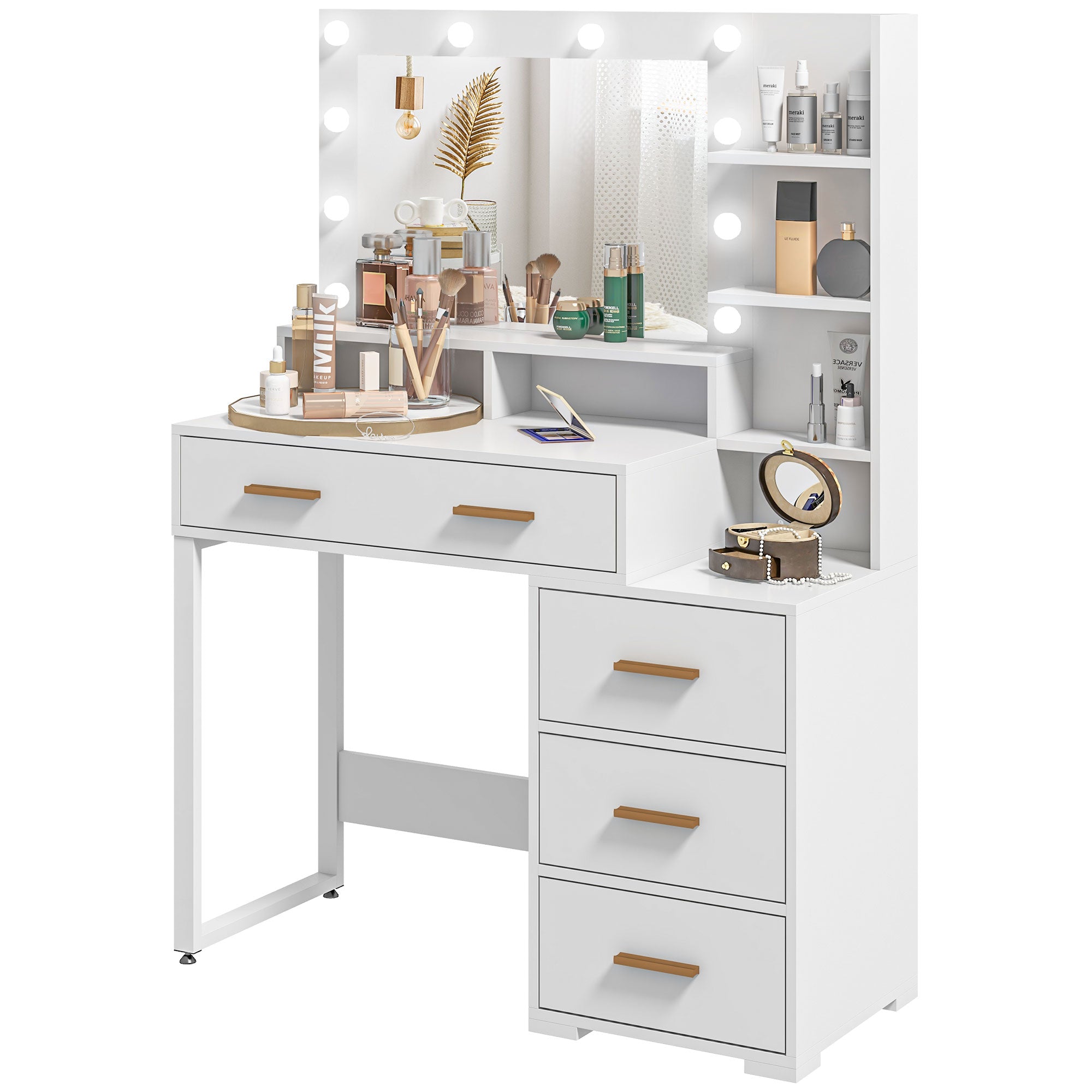 HOMCOM Vanity Table with Illuminated LED Mirror, Makeup Desk with 4 Drawers, Bedroom Dressing Table with Storage Shelves, White