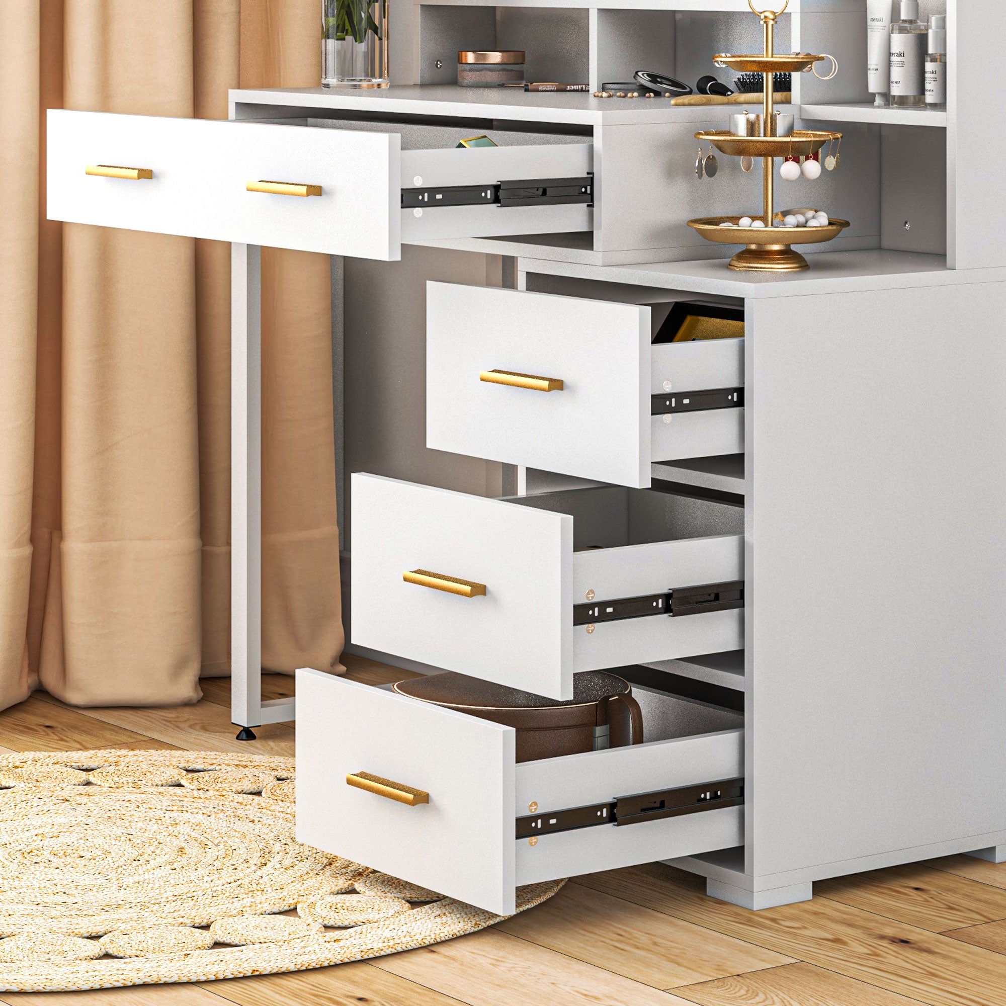 HOMCOM Vanity Table with Illuminated LED Mirror, Makeup Desk with 4 Drawers, Bedroom Dressing Table with Storage Shelves, White