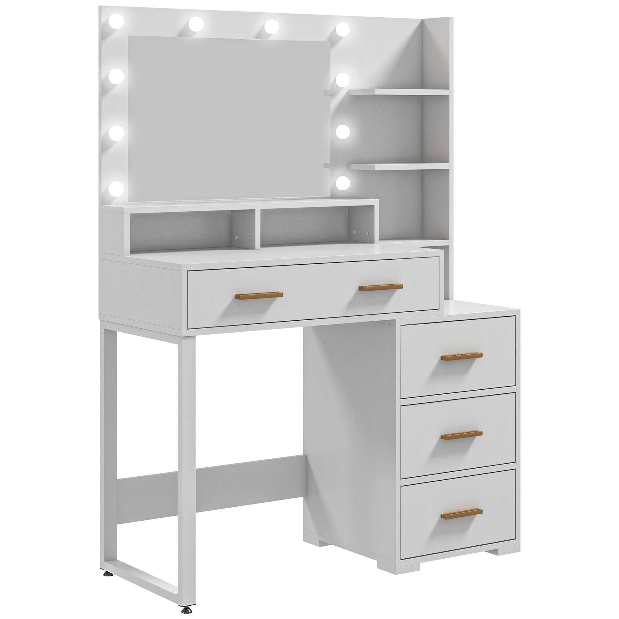 HOMCOM Vanity Table with Illuminated LED Mirror, Makeup Desk with 4 Drawers, Bedroom Dressing Table with Storage Shelves, White
