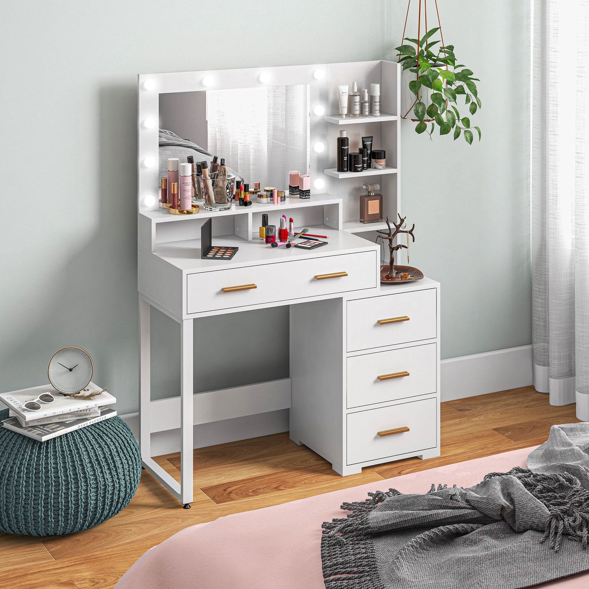 HOMCOM Vanity Table with Illuminated LED Mirror, Makeup Desk with 4 Drawers, Bedroom Dressing Table with Storage Shelves, White