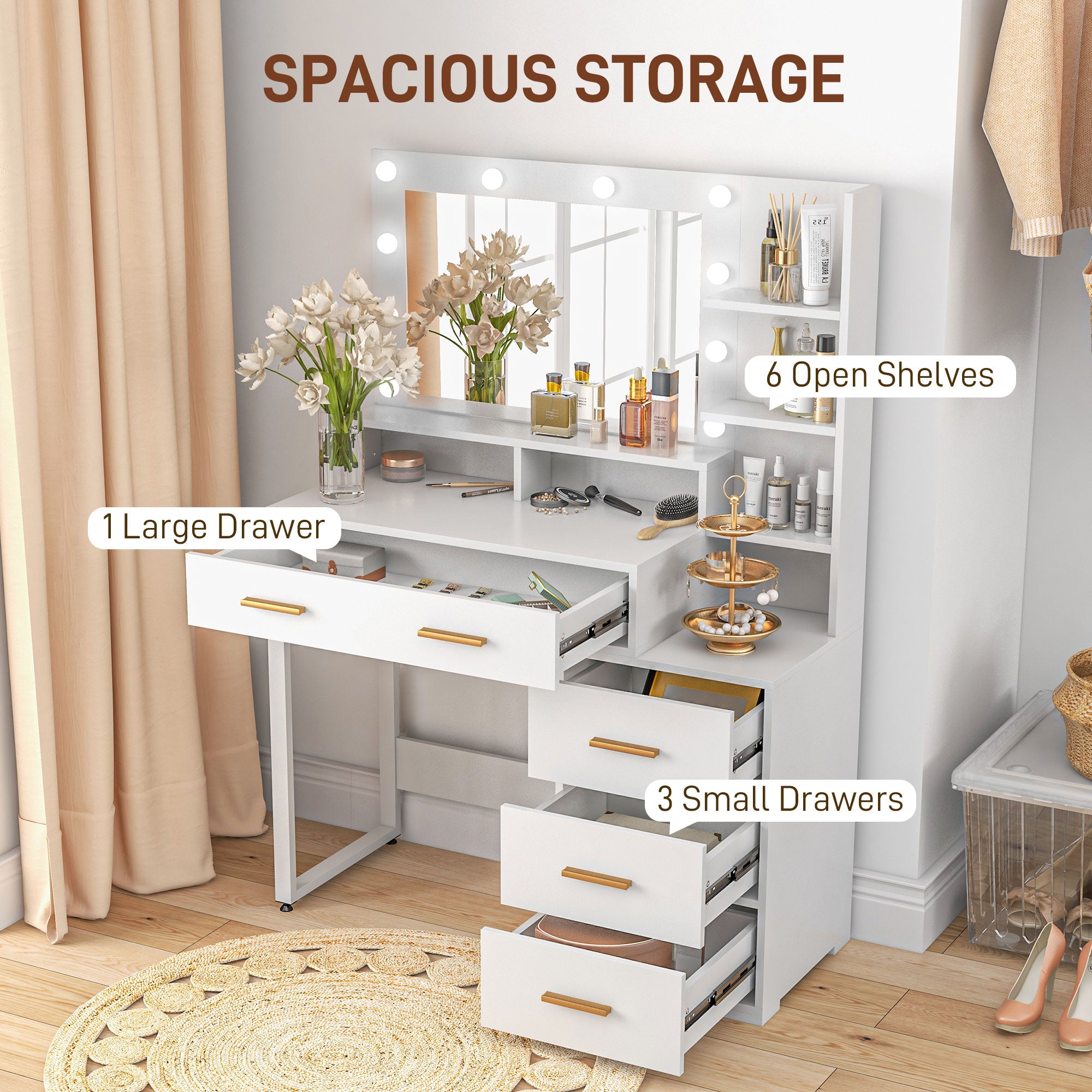 HOMCOM Vanity Table with Illuminated LED Mirror, Makeup Desk with 4 Drawers, Bedroom Dressing Table with Storage Shelves, White