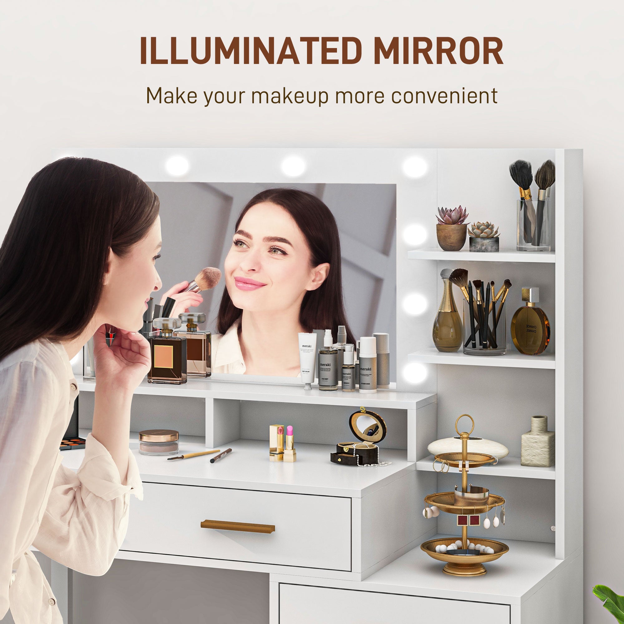 HOMCOM Vanity Table with Illuminated LED Mirror, Makeup Desk with 4 Drawers, Bedroom Dressing Table with Storage Shelves, White
