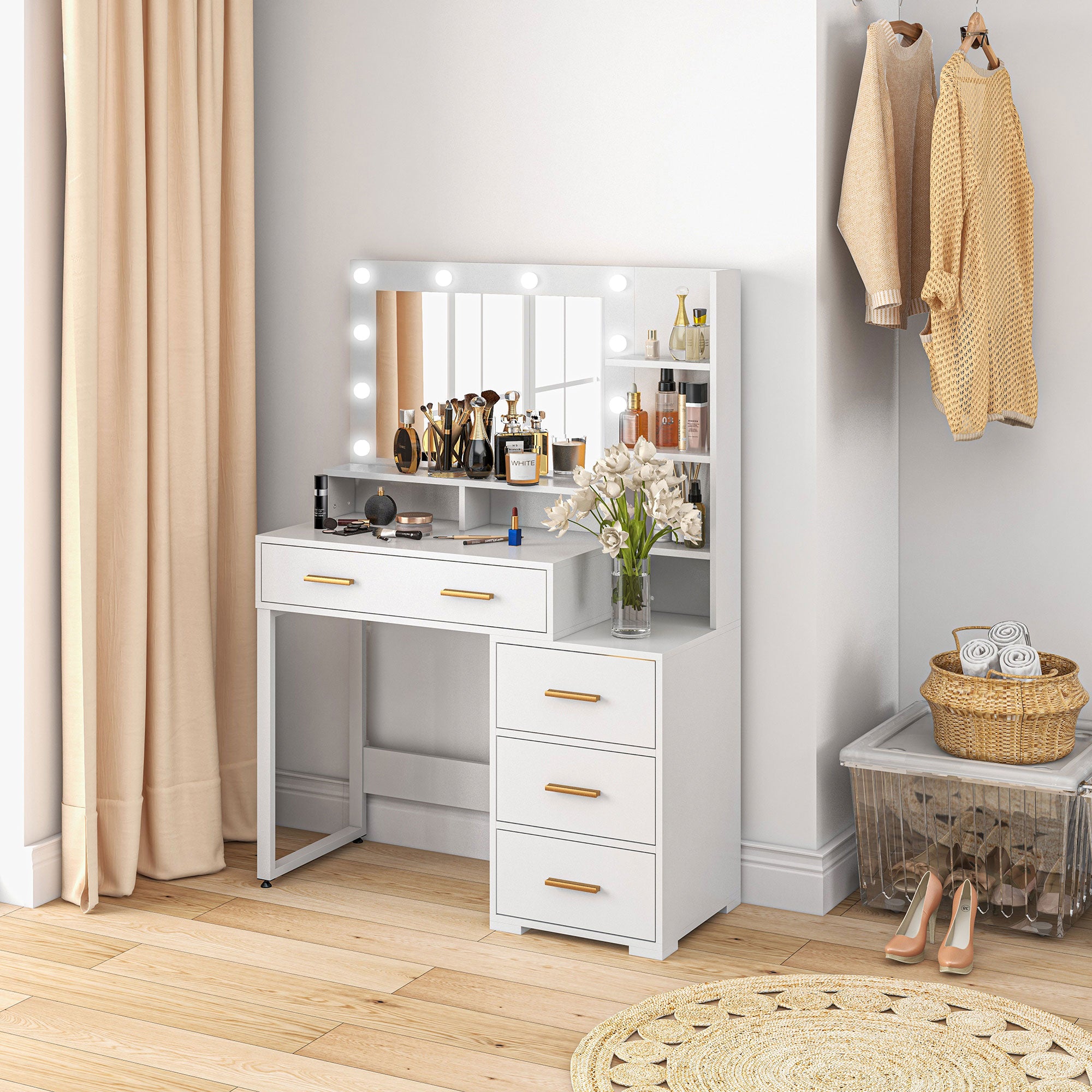 HOMCOM Vanity Table with Illuminated LED Mirror, Makeup Desk with 4 Drawers, Bedroom Dressing Table with Storage Shelves, White