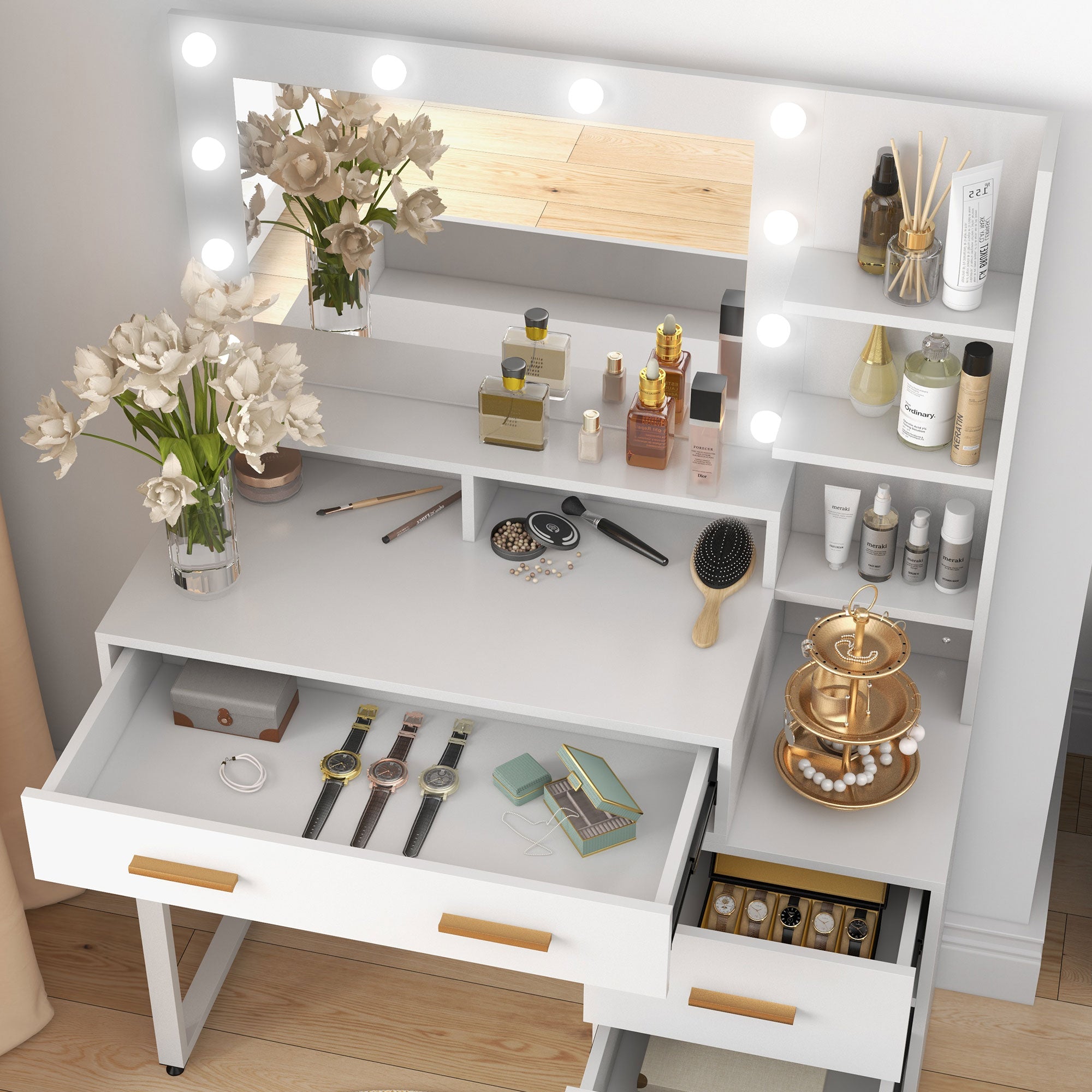 HOMCOM Vanity Table with Illuminated LED Mirror, Makeup Desk with 4 Drawers, Bedroom Dressing Table with Storage Shelves, White