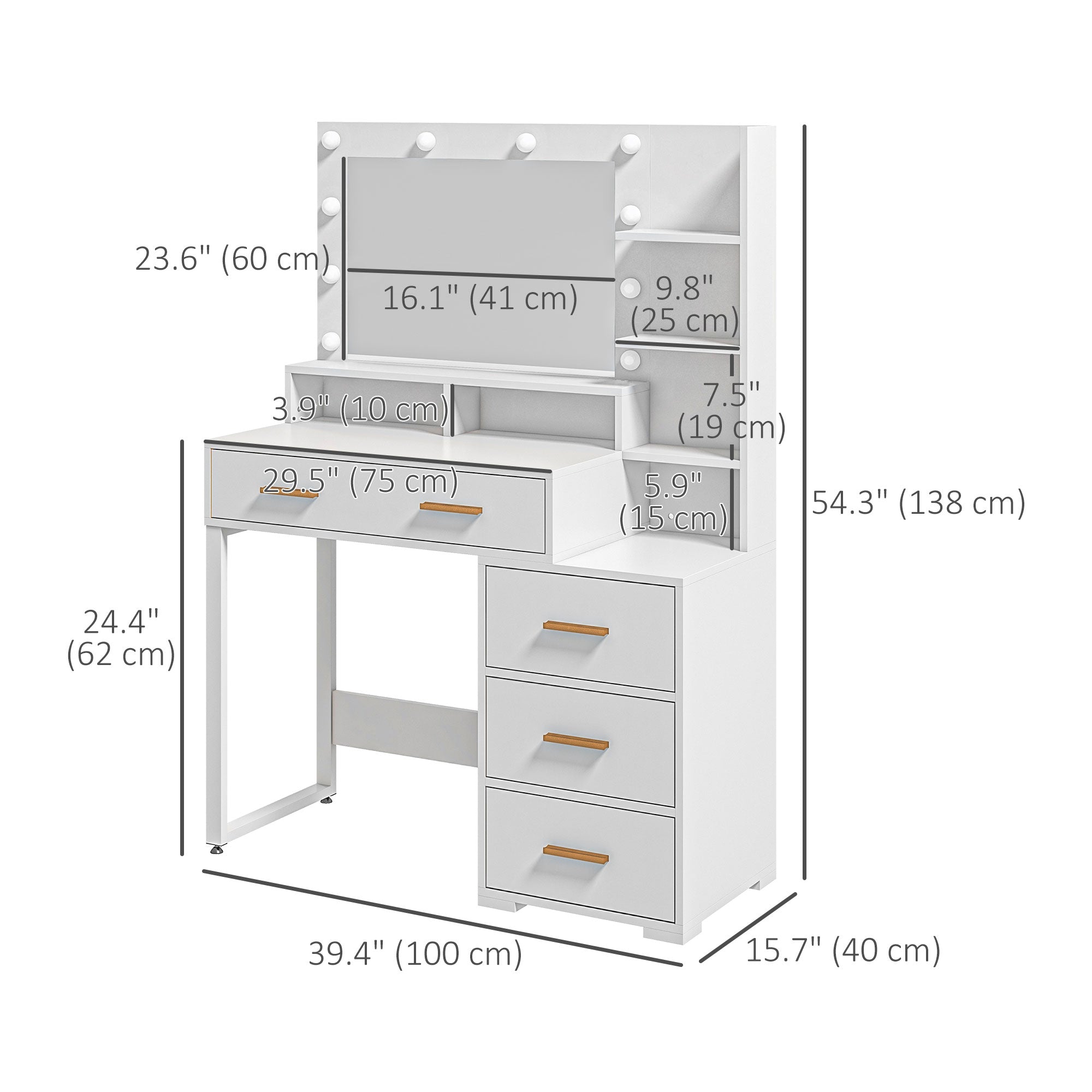 HOMCOM Vanity Table with Illuminated LED Mirror, Makeup Desk with 4 Drawers, Bedroom Dressing Table with Storage Shelves, White