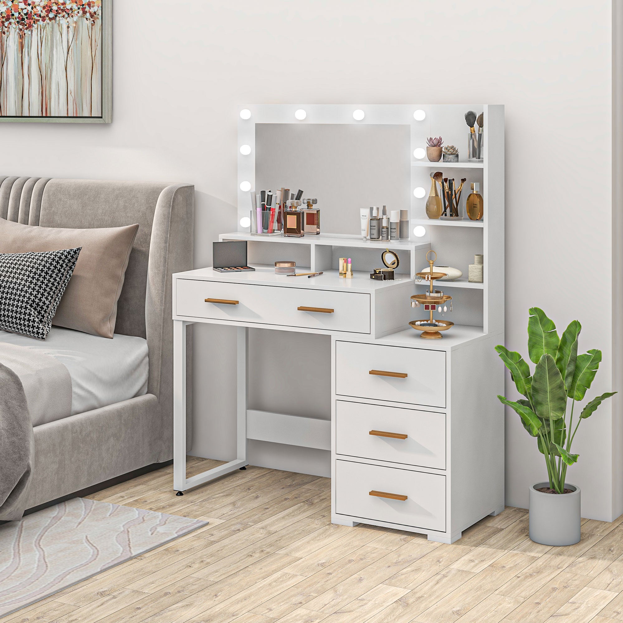 HOMCOM Vanity Table with Illuminated LED Mirror, Makeup Desk with 4 Drawers, Bedroom Dressing Table with Storage Shelves, White