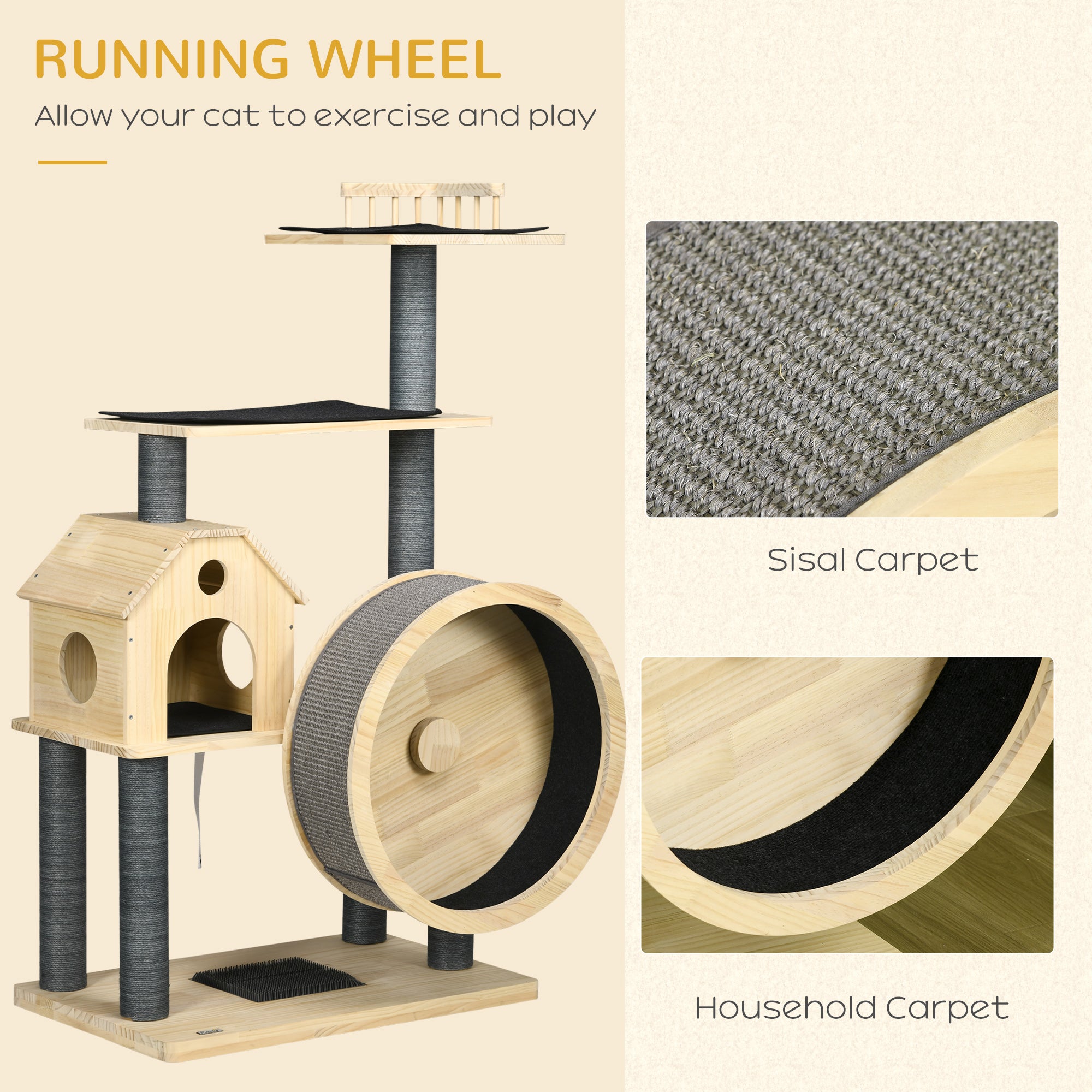 PawHut 56" Cat Tree Activity Condo Luxury Pine Wood  with Hamster-Wheel, Sisal Scratching Posts, Elevated Perches, & Roomy Interior