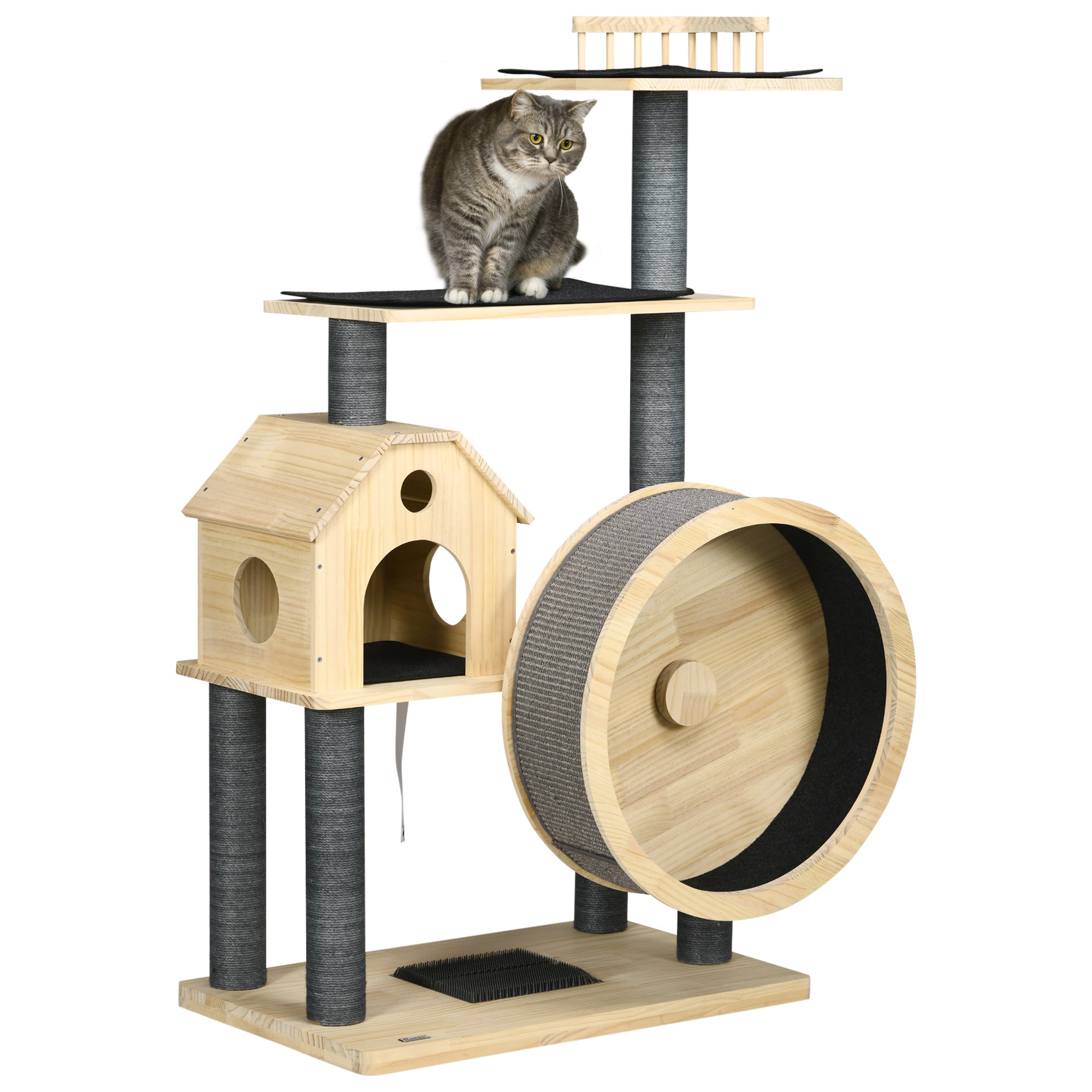 PawHut 56" Cat Tree Activity Condo Luxury Pine Wood  with Hamster-Wheel, Sisal Scratching Posts, Elevated Perches, & Roomy Interior