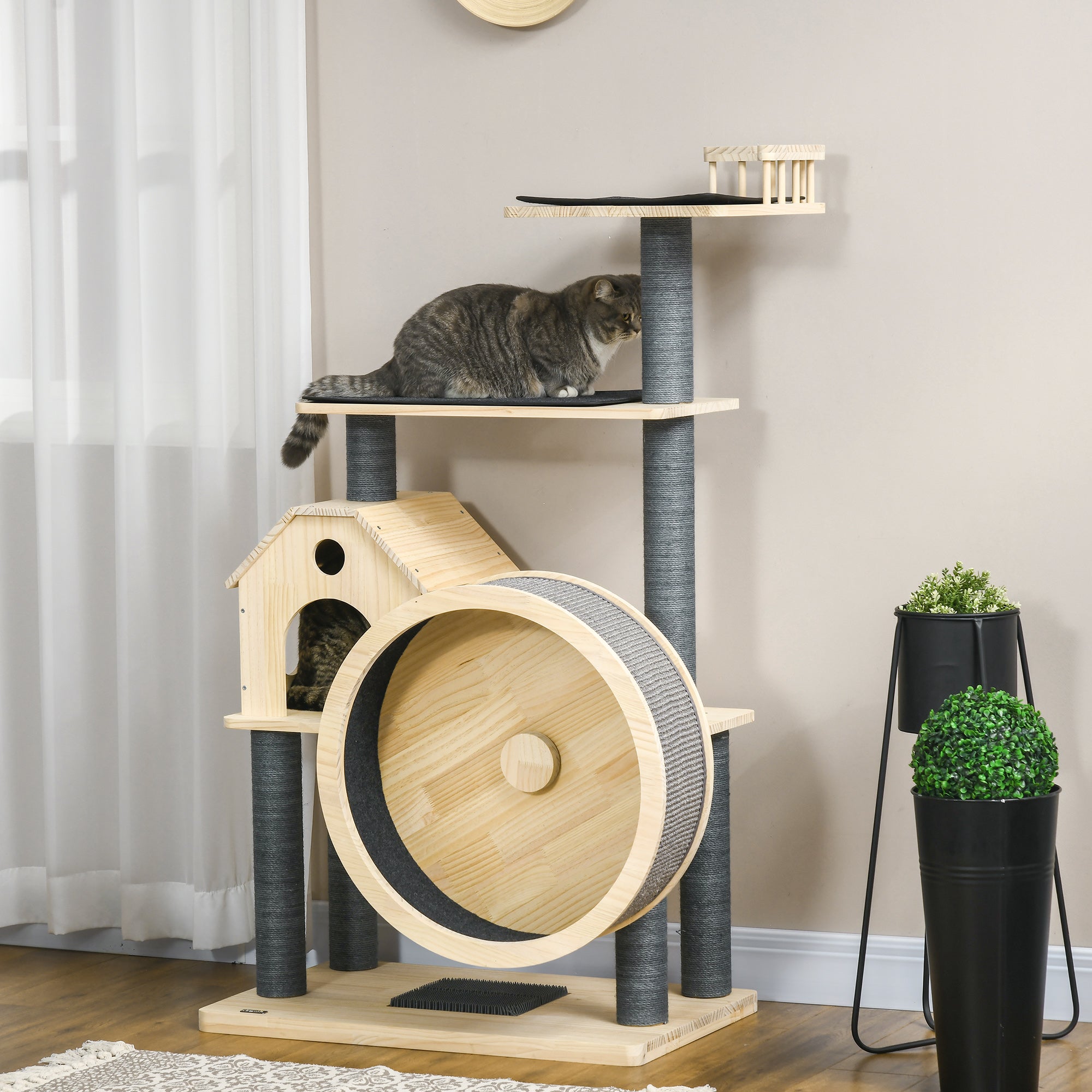 PawHut 56" Cat Tree Activity Condo Luxury Pine Wood  with Hamster-Wheel, Sisal Scratching Posts, Elevated Perches, & Roomy Interior