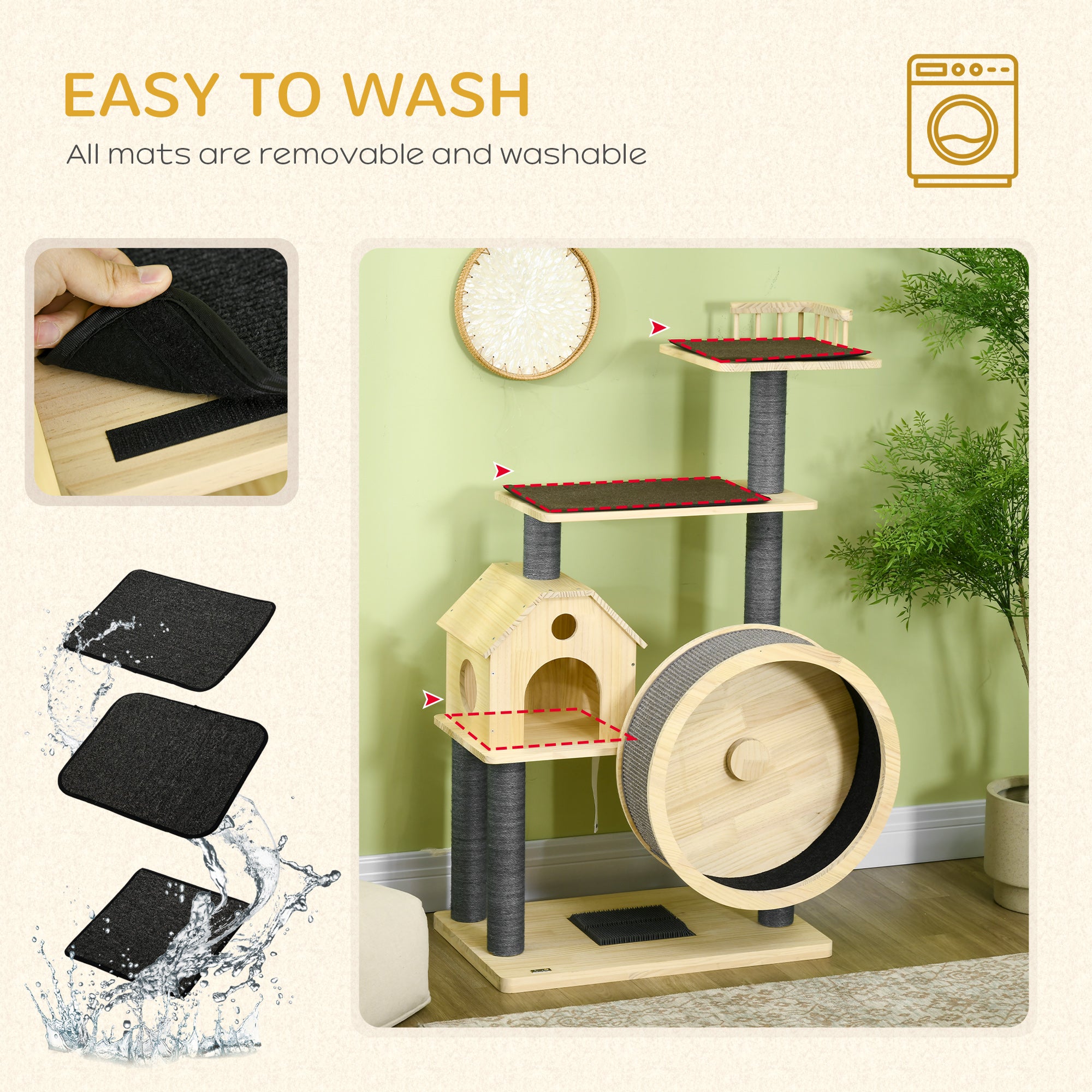 PawHut 56" Cat Tree Activity Condo Luxury Pine Wood  with Hamster-Wheel, Sisal Scratching Posts, Elevated Perches, & Roomy Interior